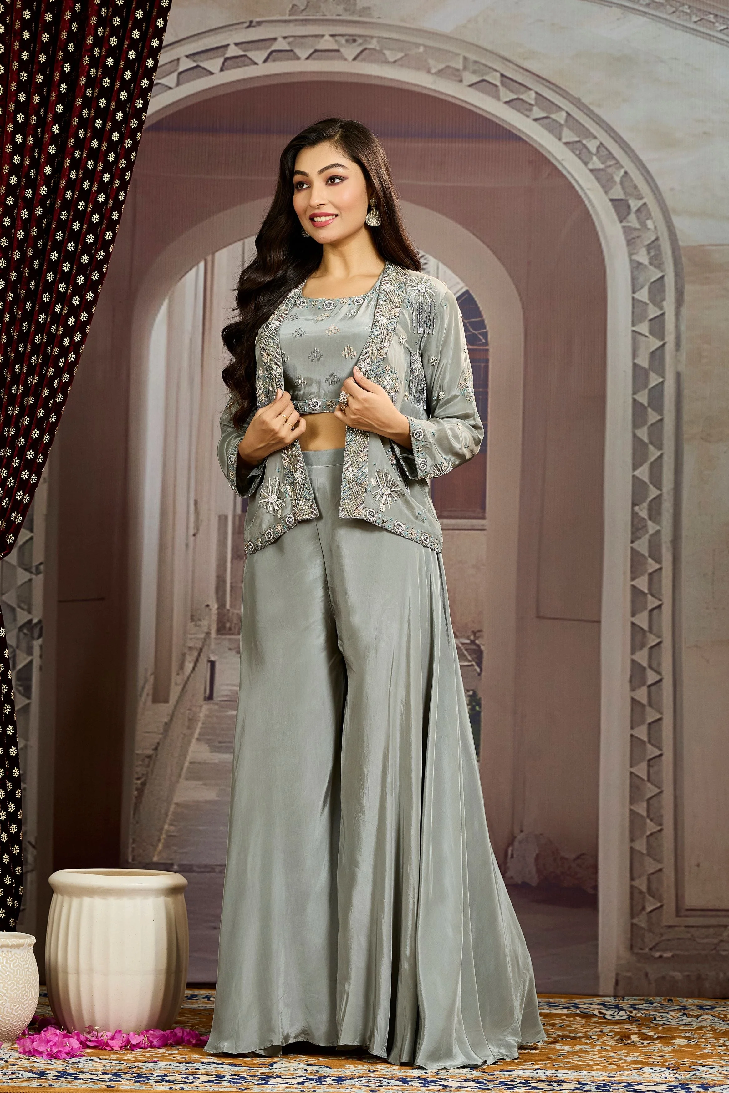 Grey Embellished Chinon Silk Jacket Sharara Set - Image 3