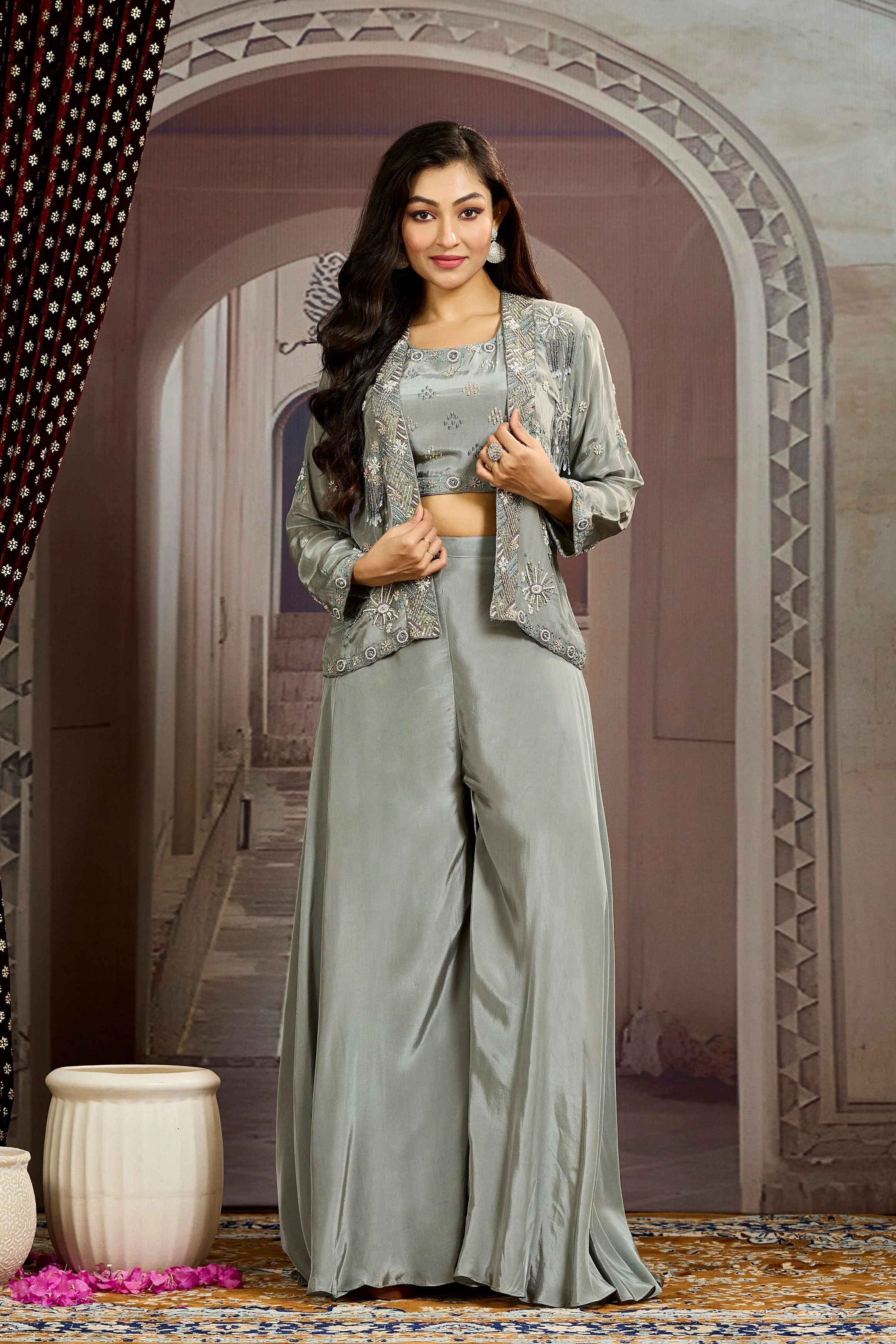 Grey Embellished Chinon Silk Jacket Sharara Set - Image 4