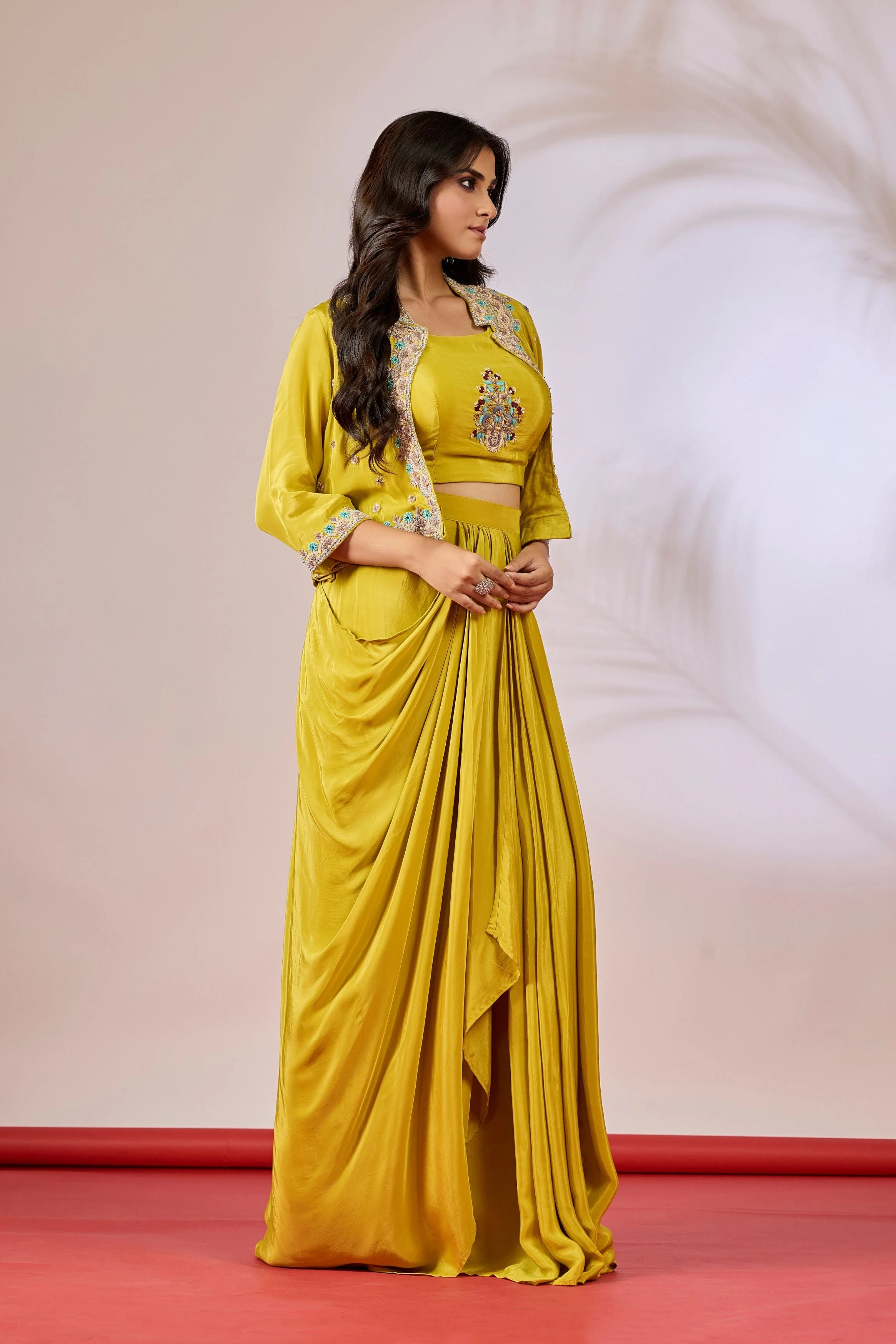 Bright Yellow Embellished Chinon Silk Skirt Jacket Set - Image 3