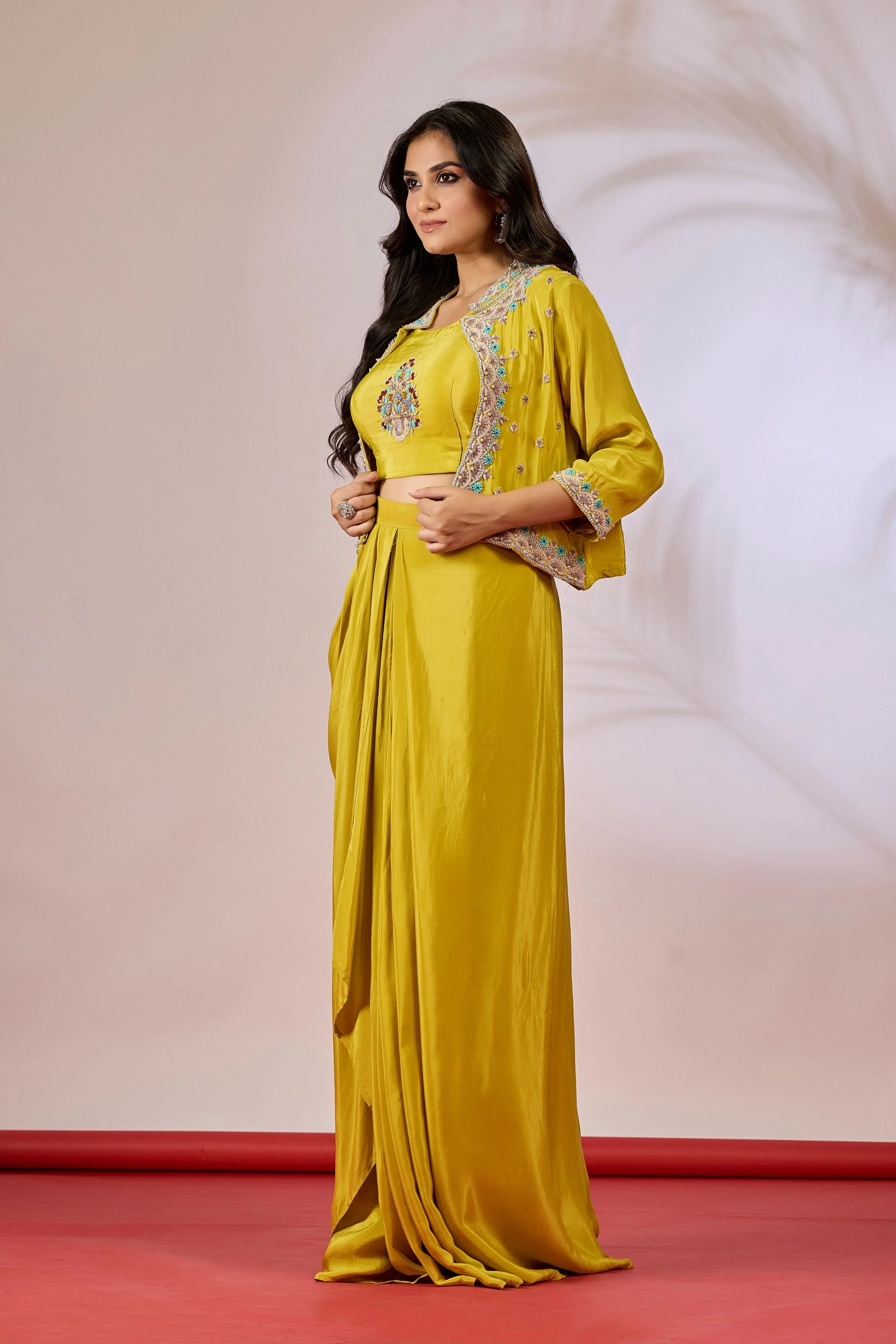 Bright Yellow Embellished Chinon Silk Skirt Jacket Set - Image 4