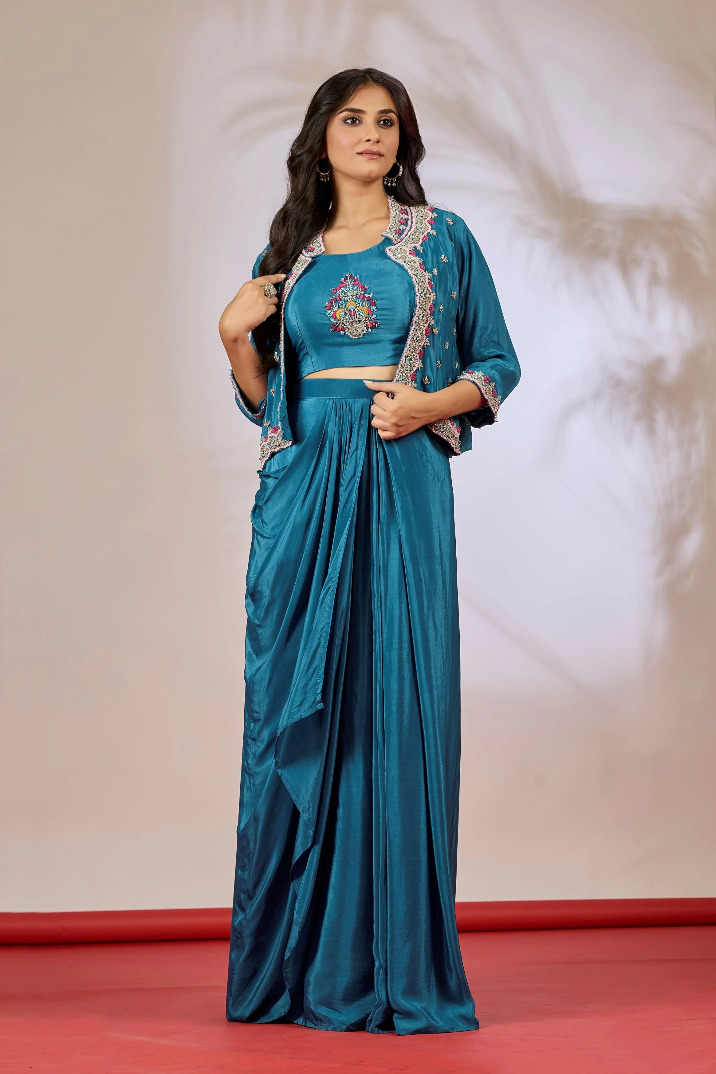 Deep Teal Embellished Chinon Silk Skirt Jacket Set - Image 3