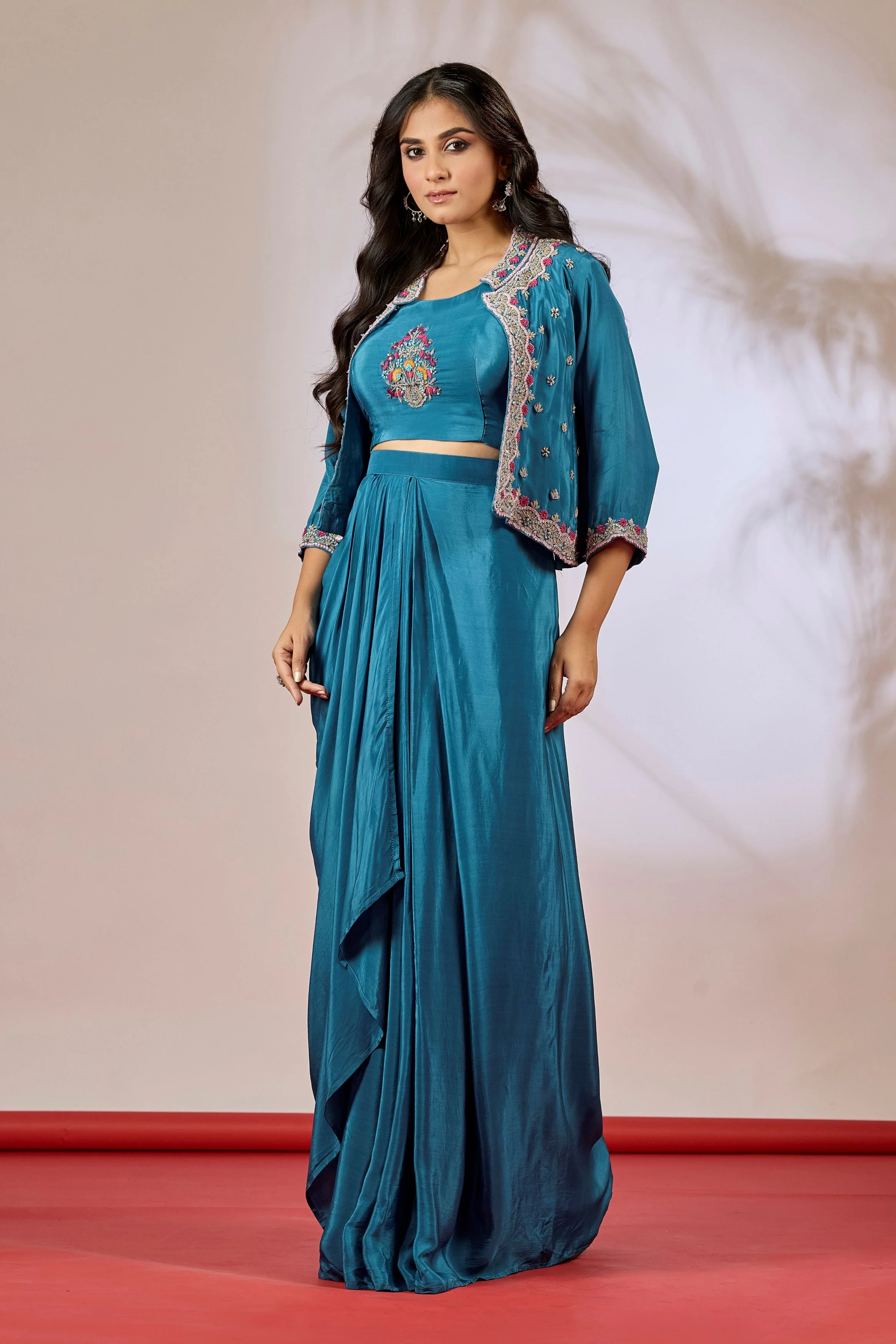 Deep Teal Embellished Chinon Silk Skirt Jacket Set - Image 4
