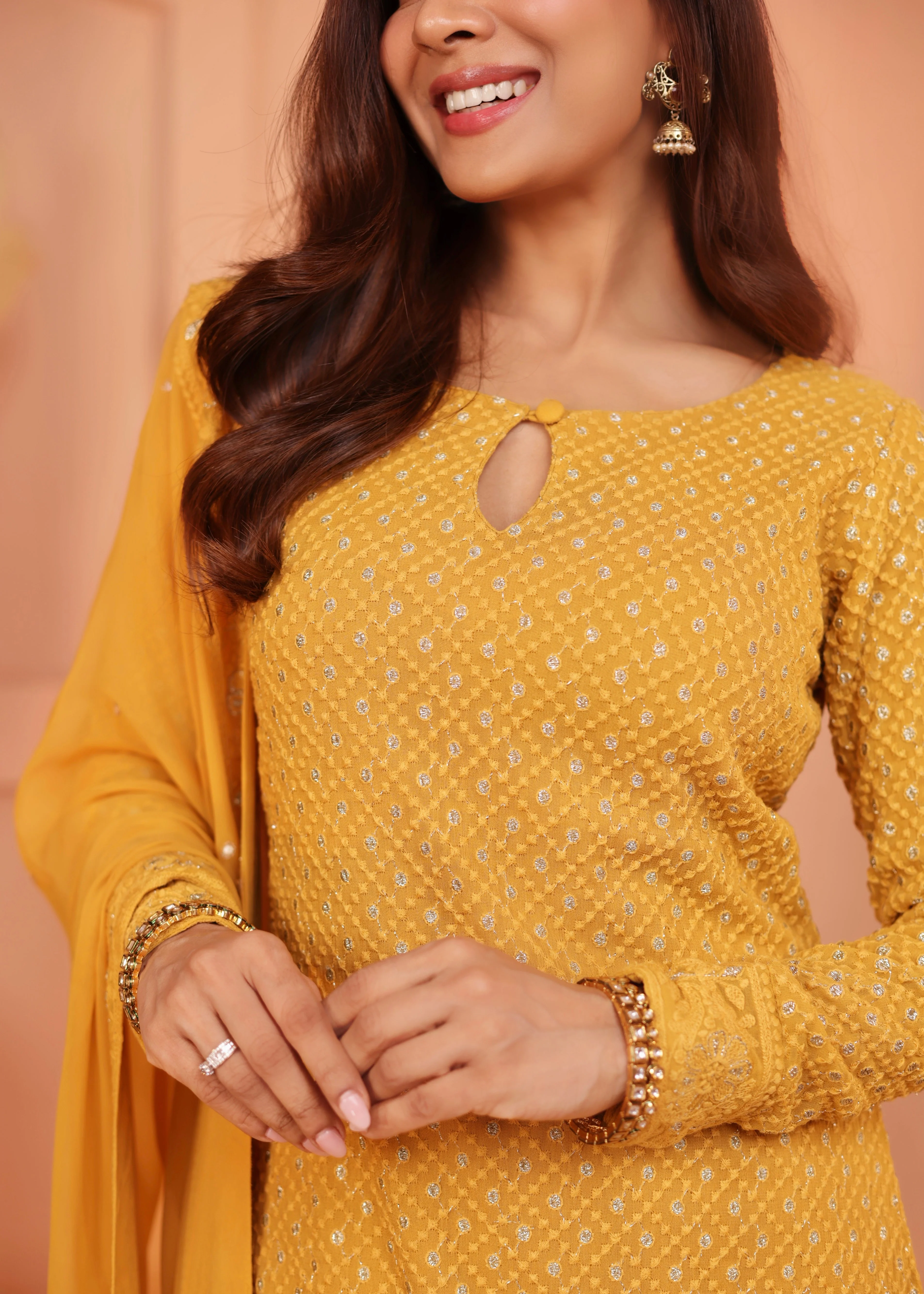 Bright Yellow Embellished Georgette Silk Pant Set - Image 2
