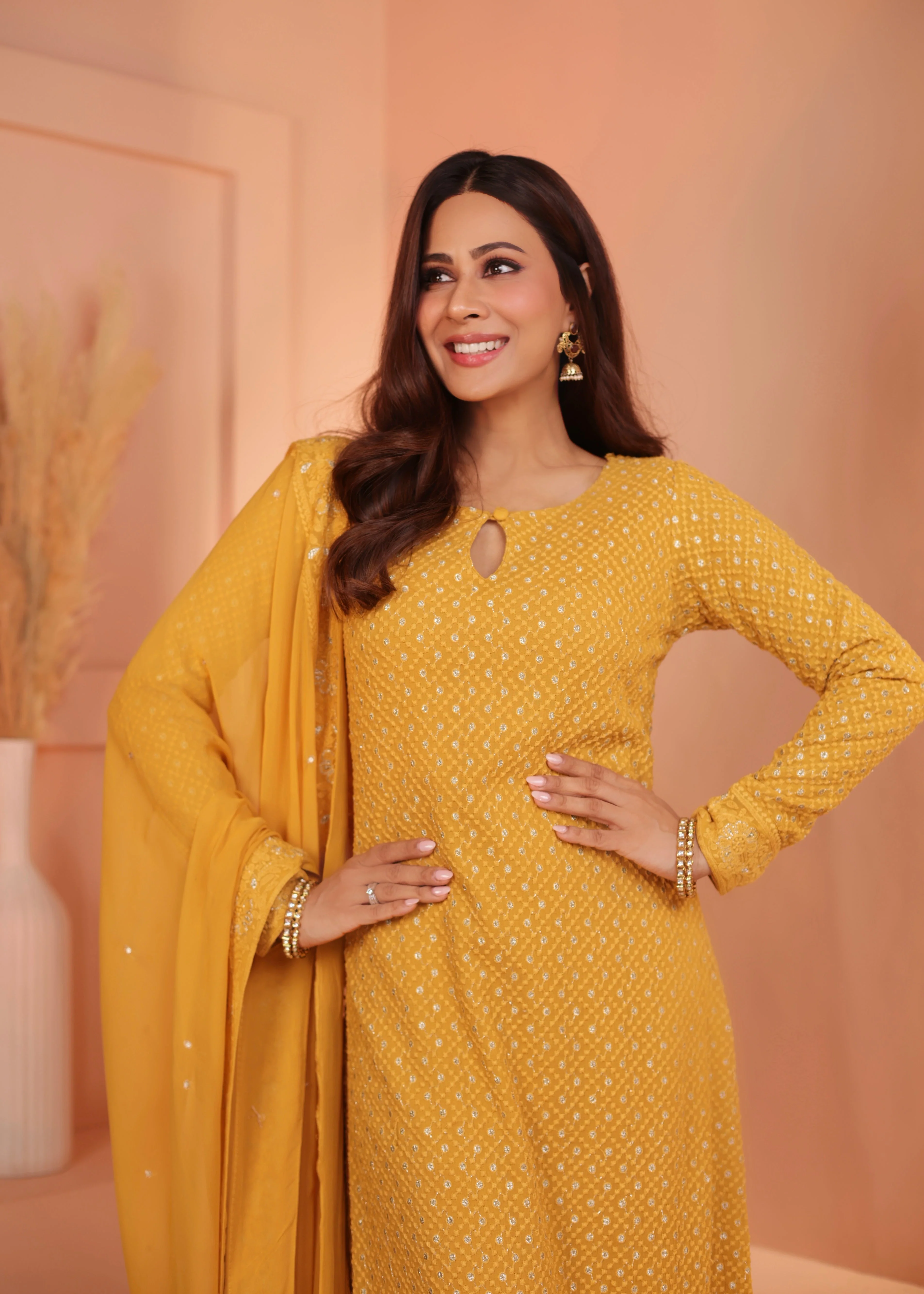Bright Yellow Embellished Georgette Silk Pant Set - Image 3