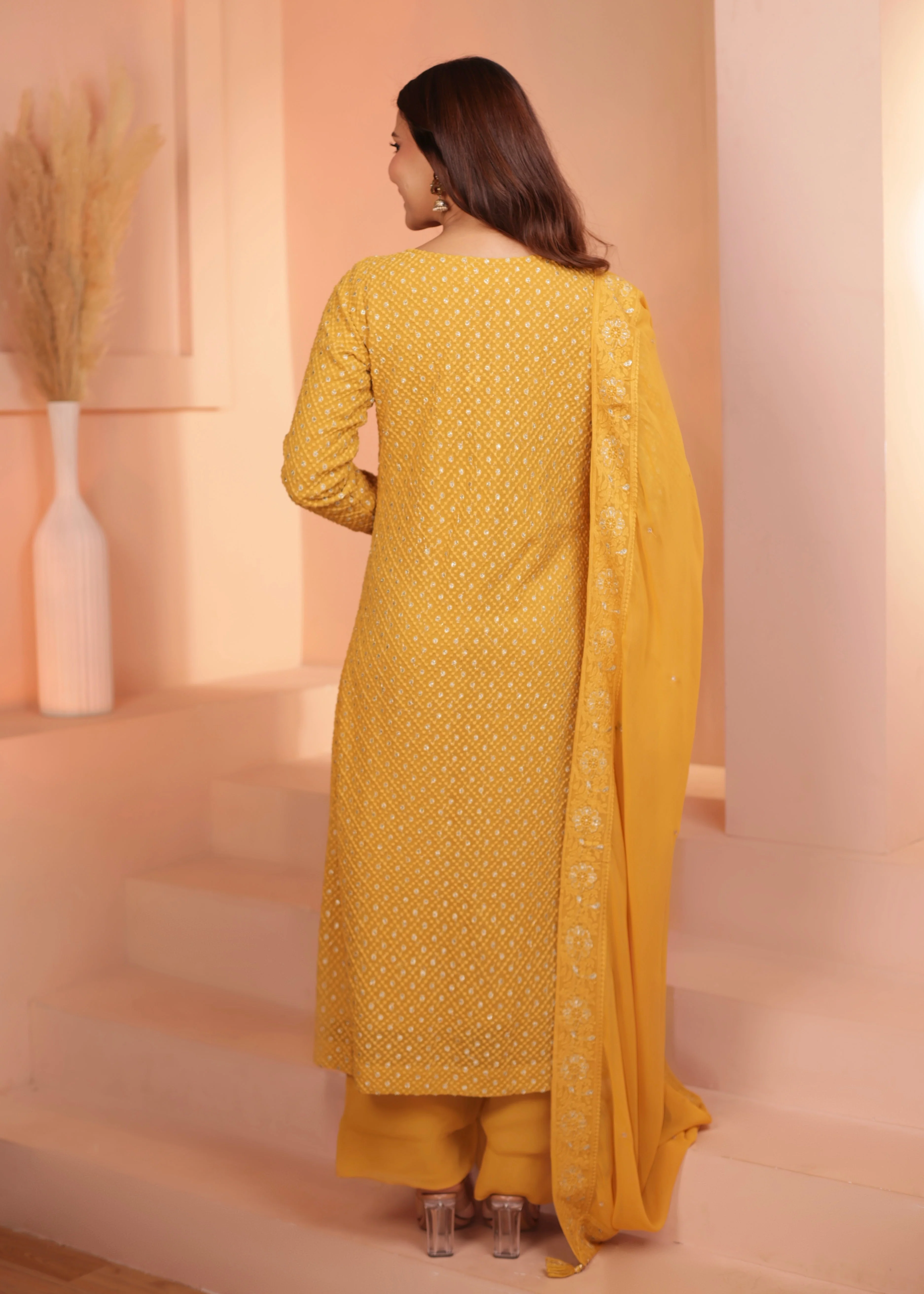 Bright Yellow Embellished Georgette Silk Pant Set - Image 5