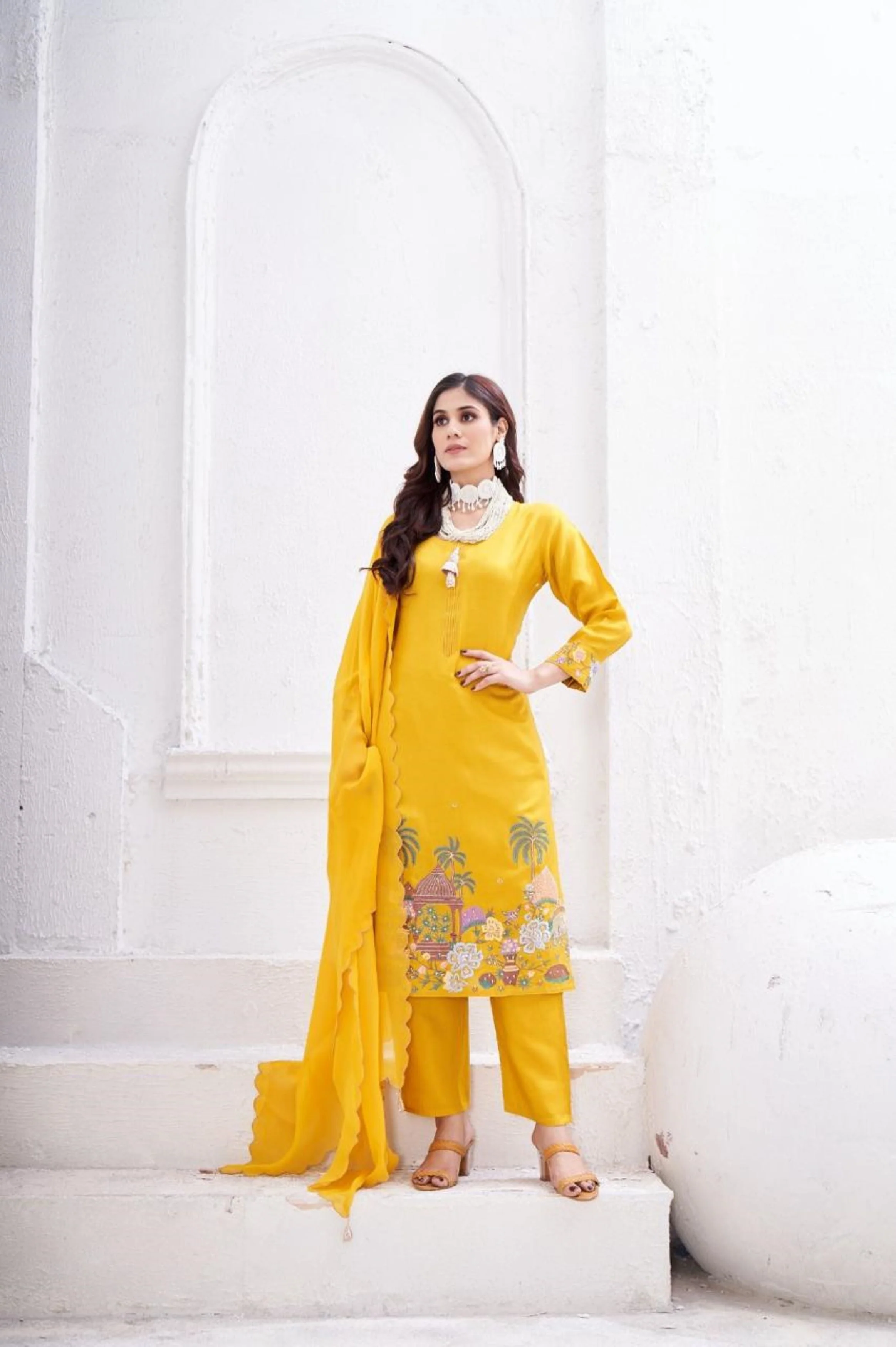 Bright Yellow Embellished Glass Tissue Organza Kurta Pant Set - Image 3
