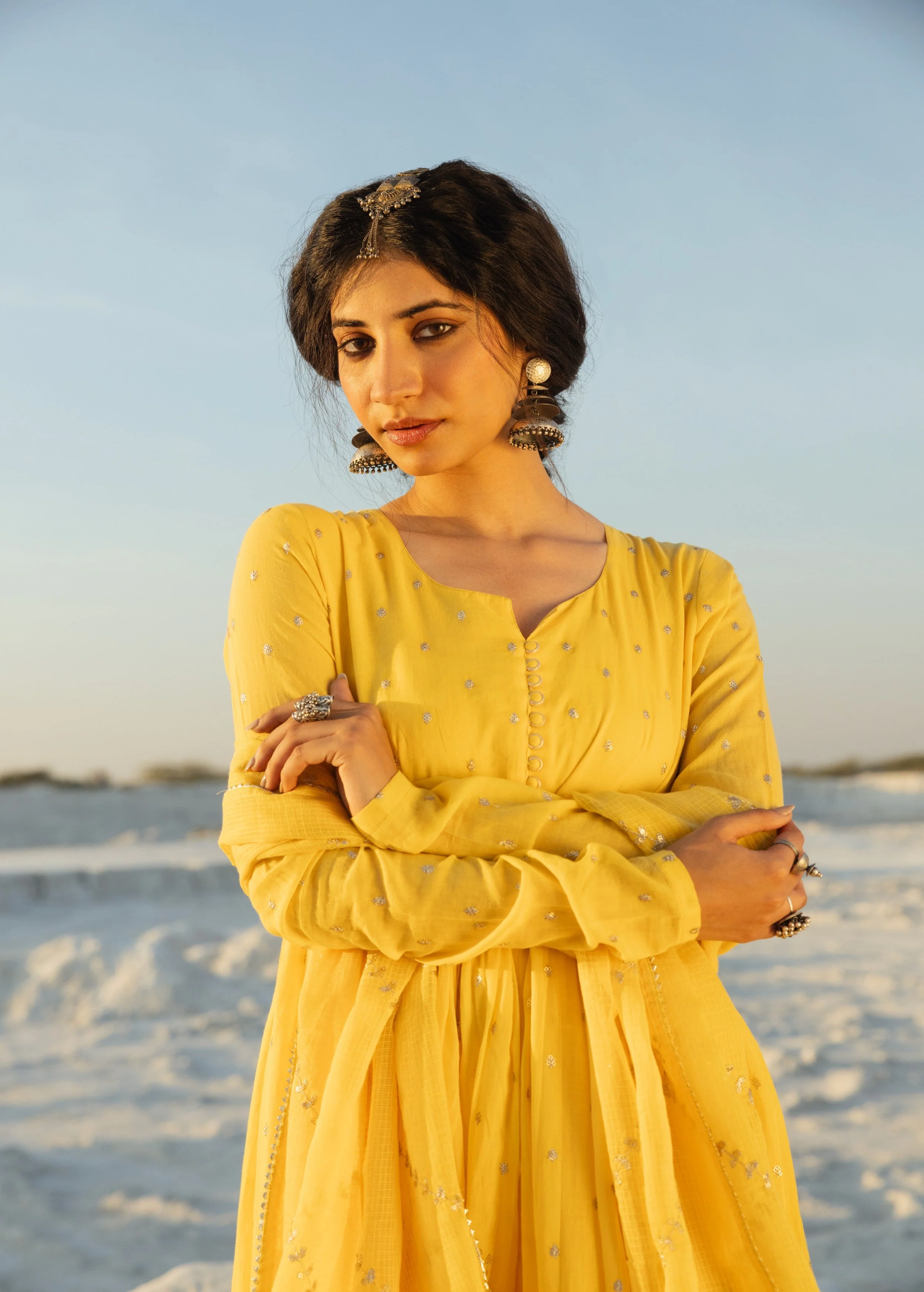 Bright Yellow Embellished Mul Cotton Anarkali Set - Image 2