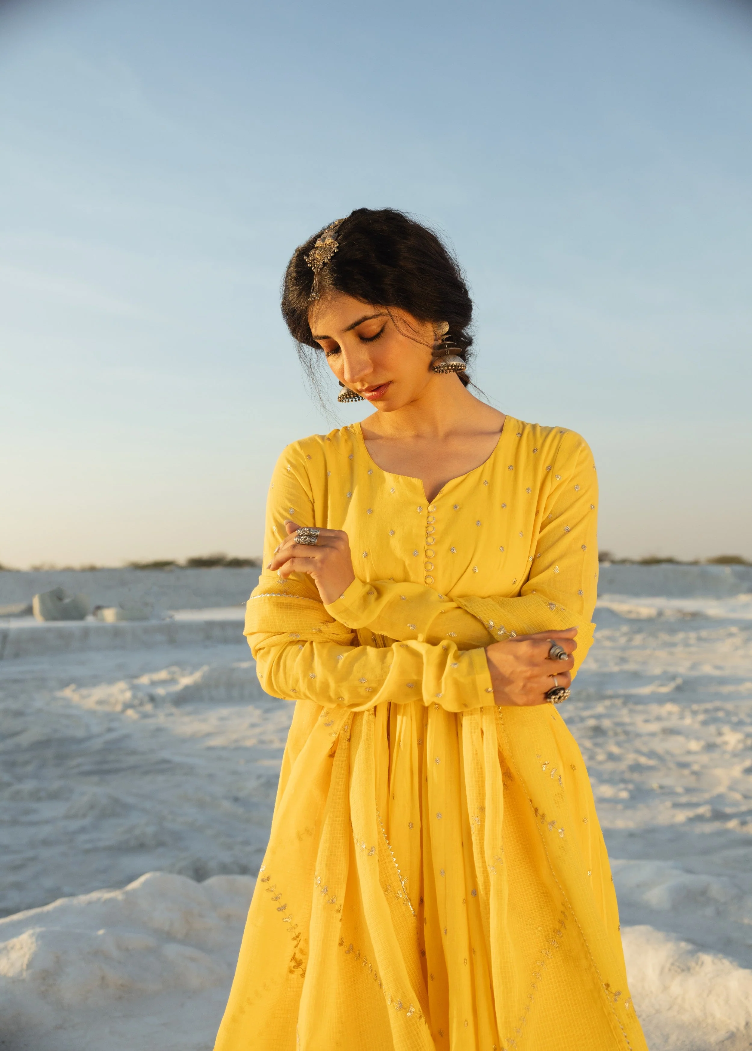 Bright Yellow Embellished Mul Cotton Anarkali Set - Image 3