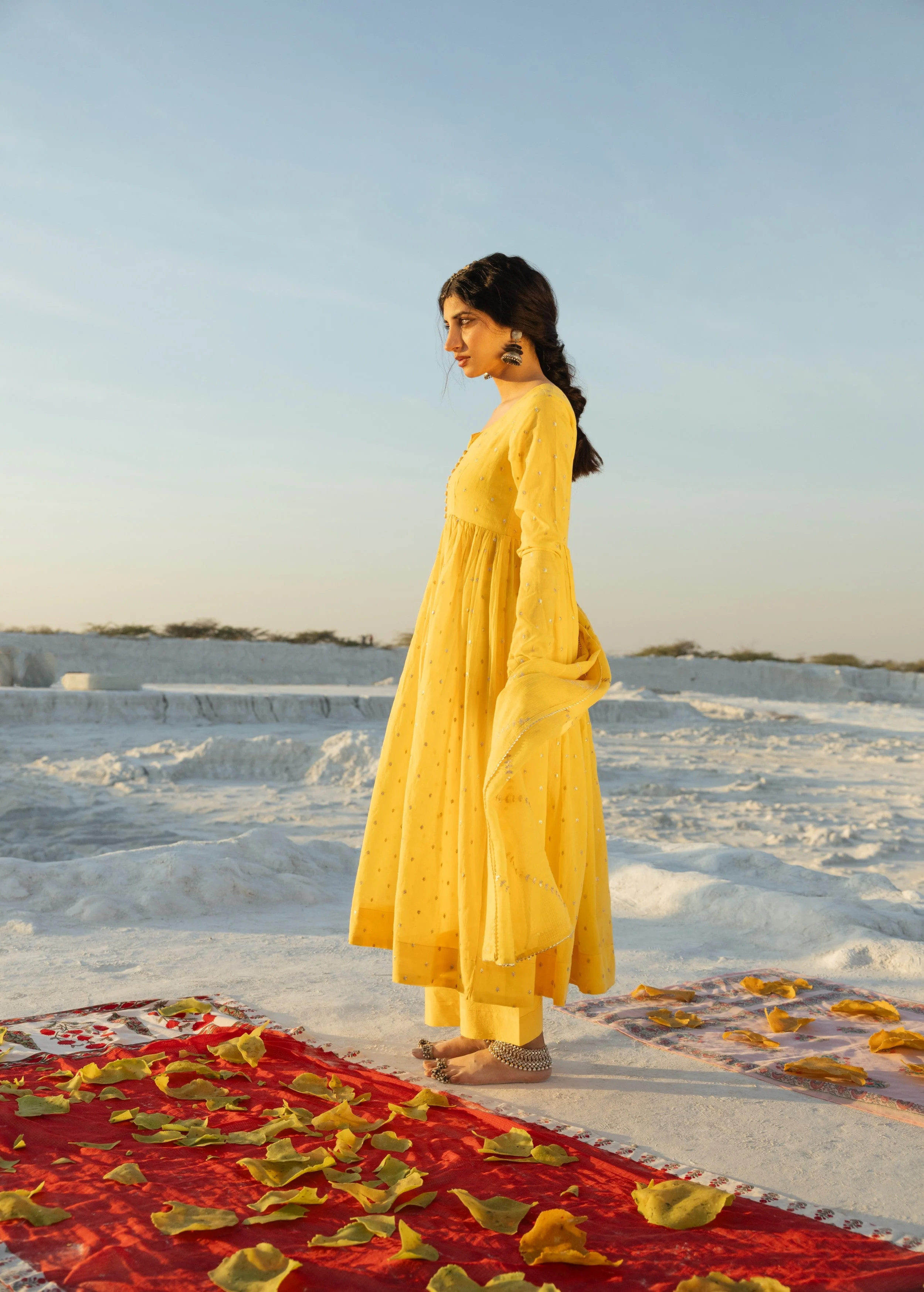 Bright Yellow Embellished Mul Cotton Anarkali Set - Image 4