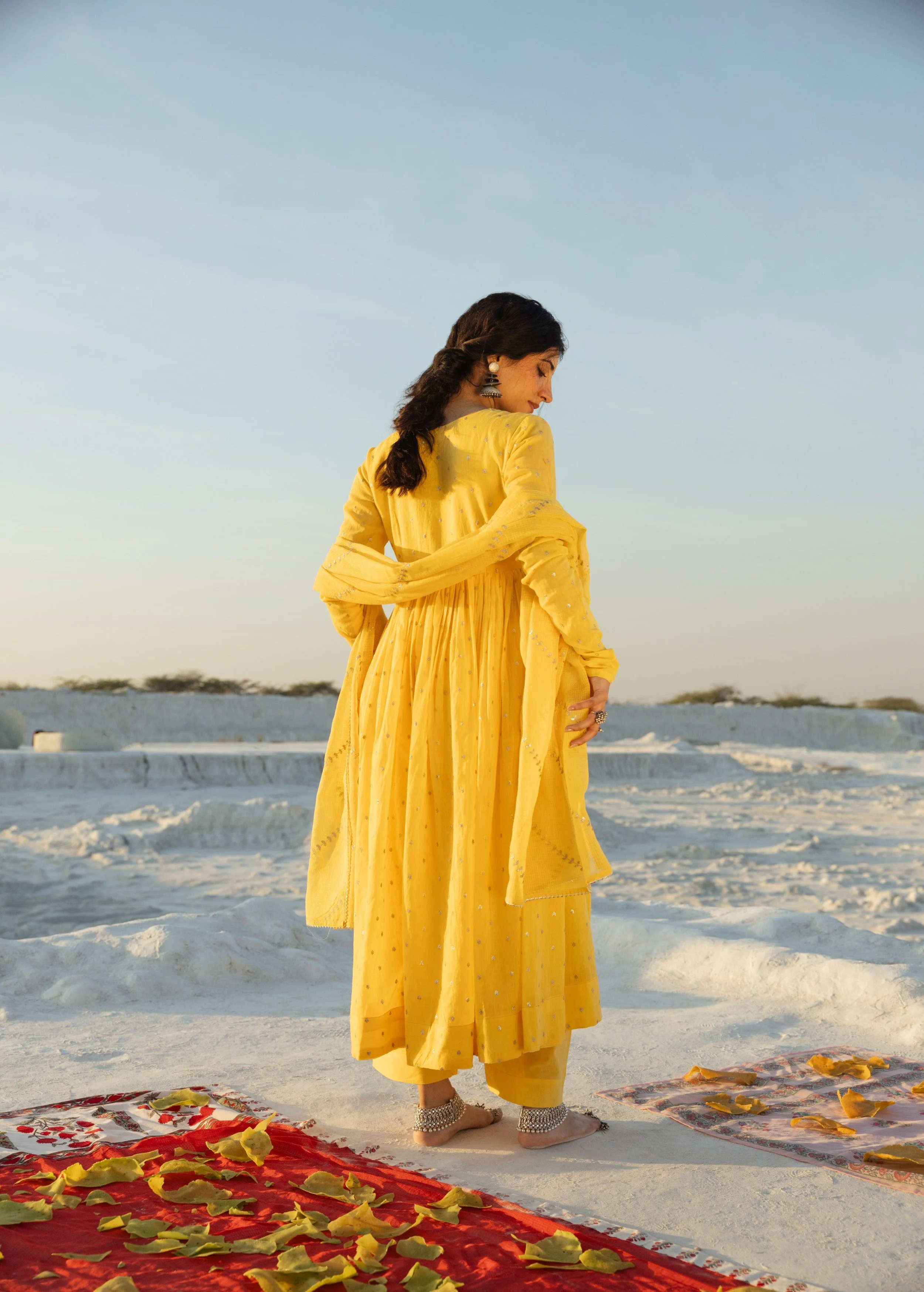 Bright Yellow Embellished Mul Cotton Anarkali Set - Image 5