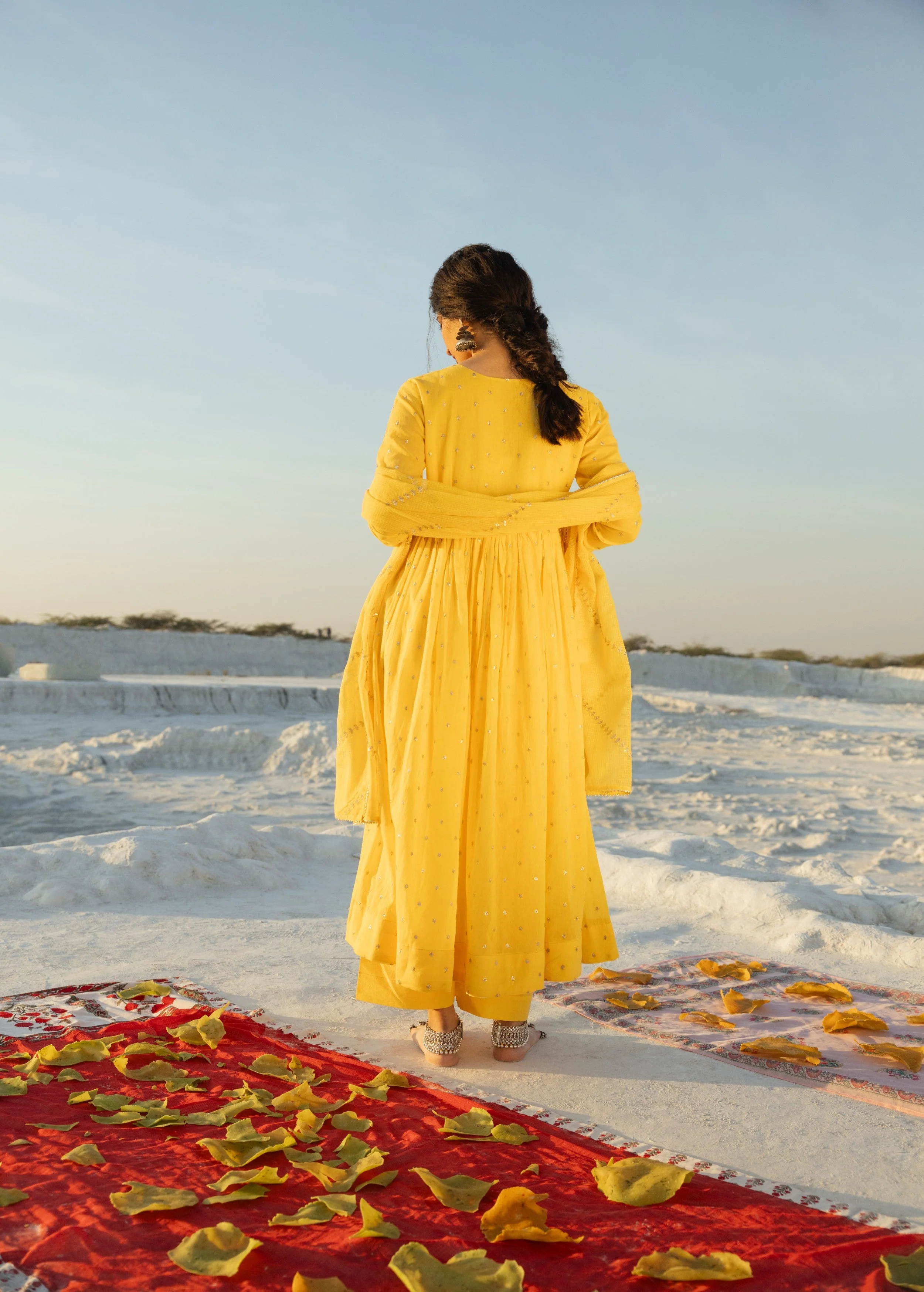 Bright Yellow Embellished Mul Cotton Anarkali Set - Image 6