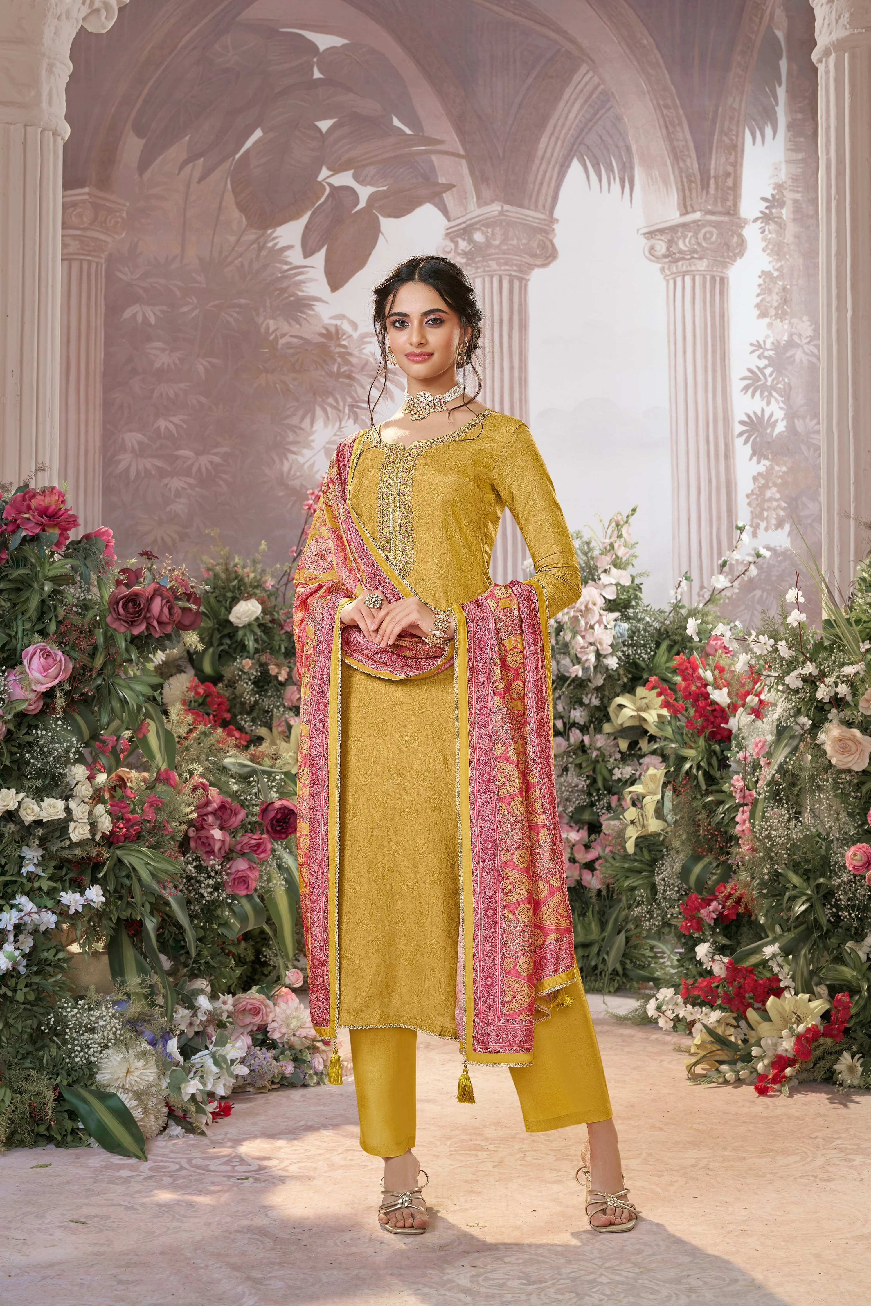 Light Yellow Embellished Premium Silk Pant Set