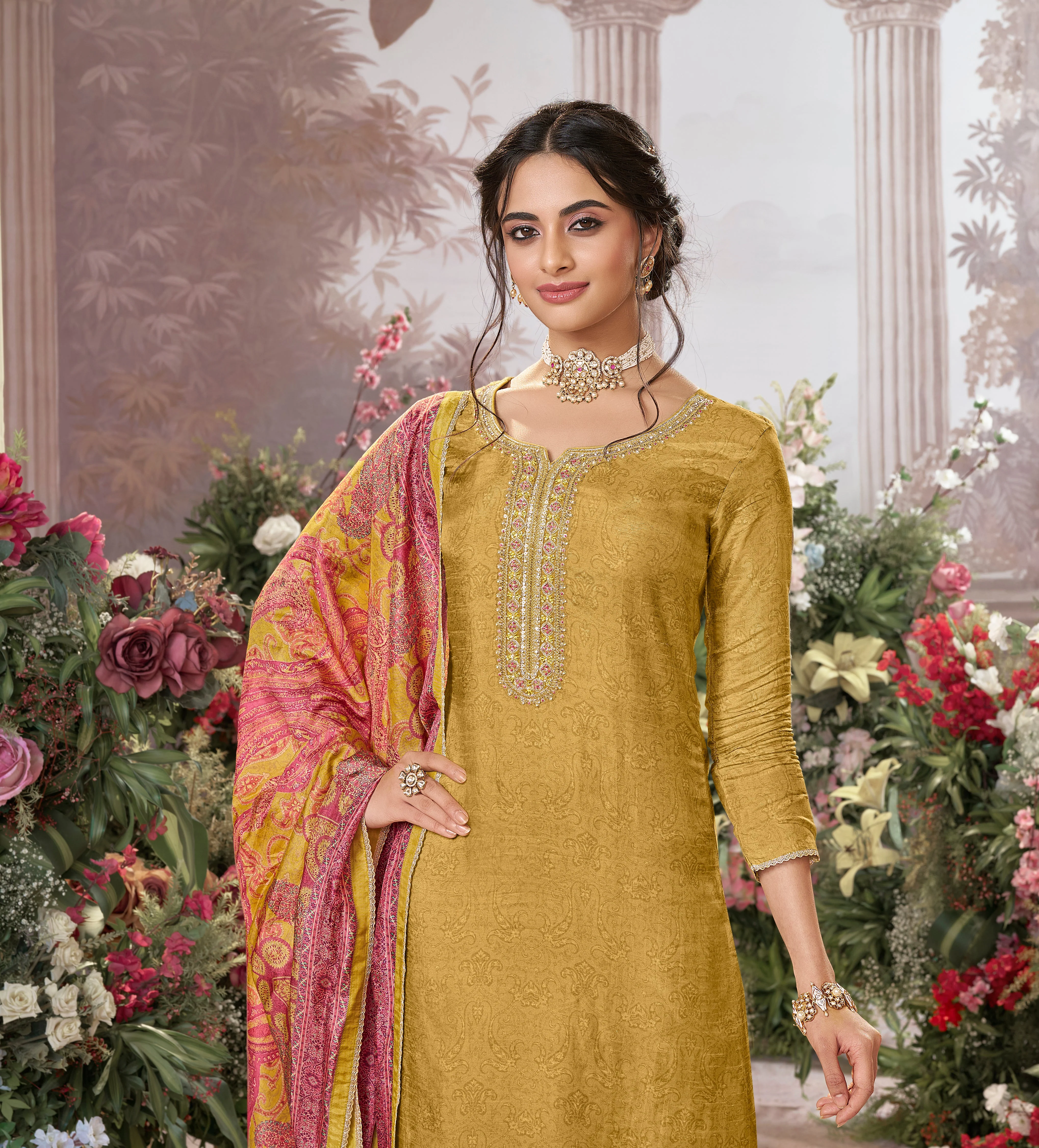 Light Yellow Embellished Premium Silk Pant Set - Image 2