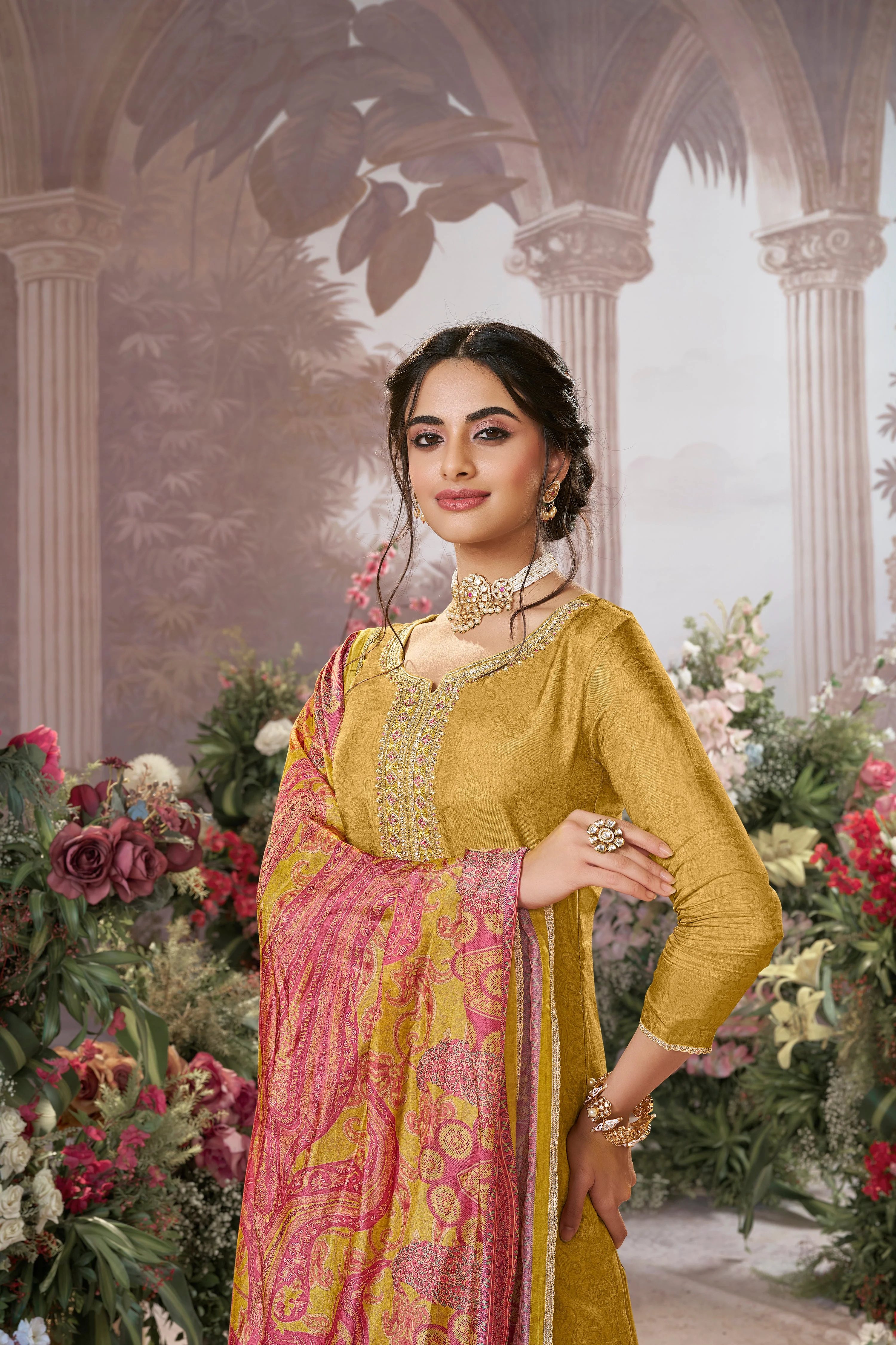 Light Yellow Embellished Premium Silk Pant Set - Image 3
