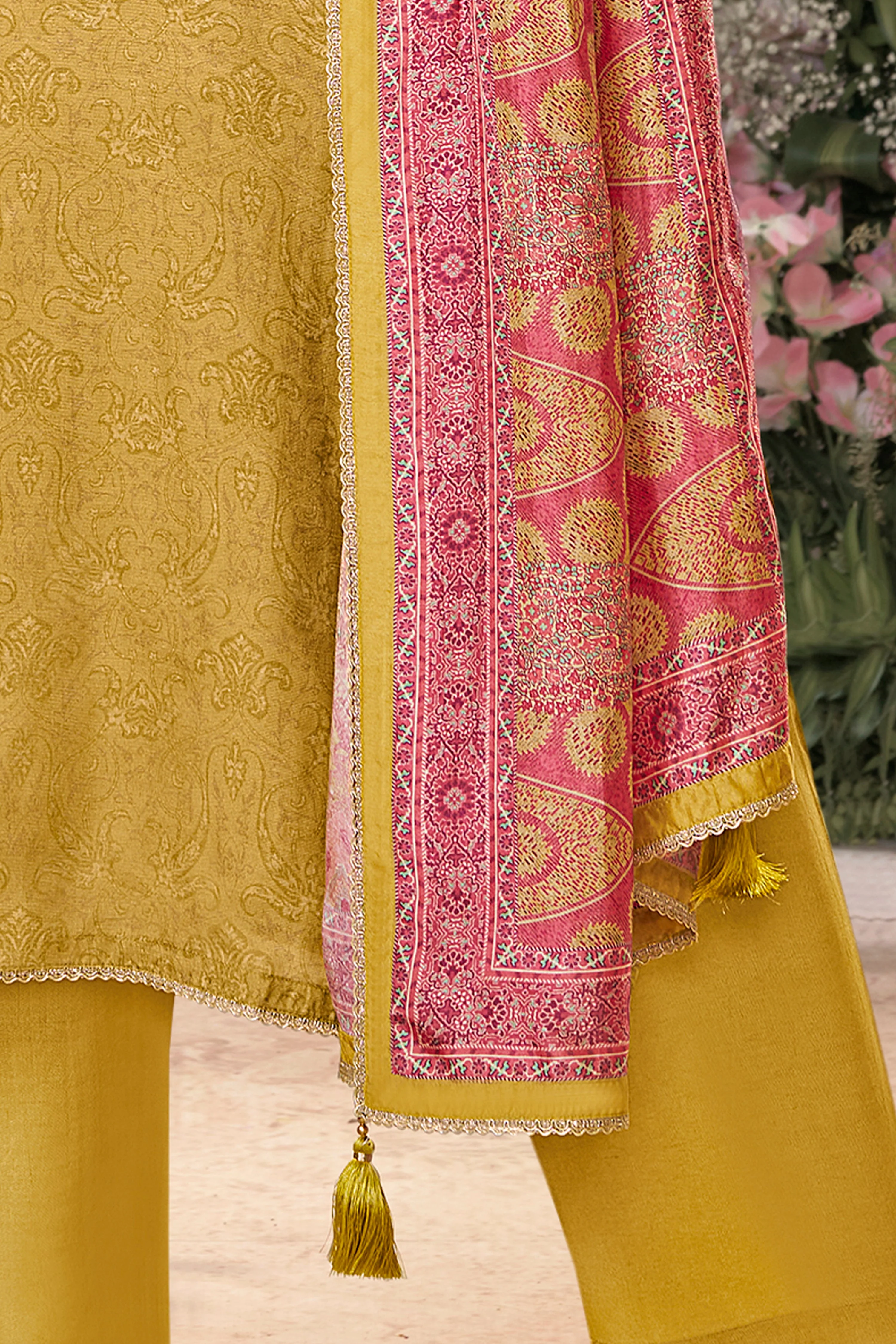 Light Yellow Embellished Premium Silk Pant Set - Image 4