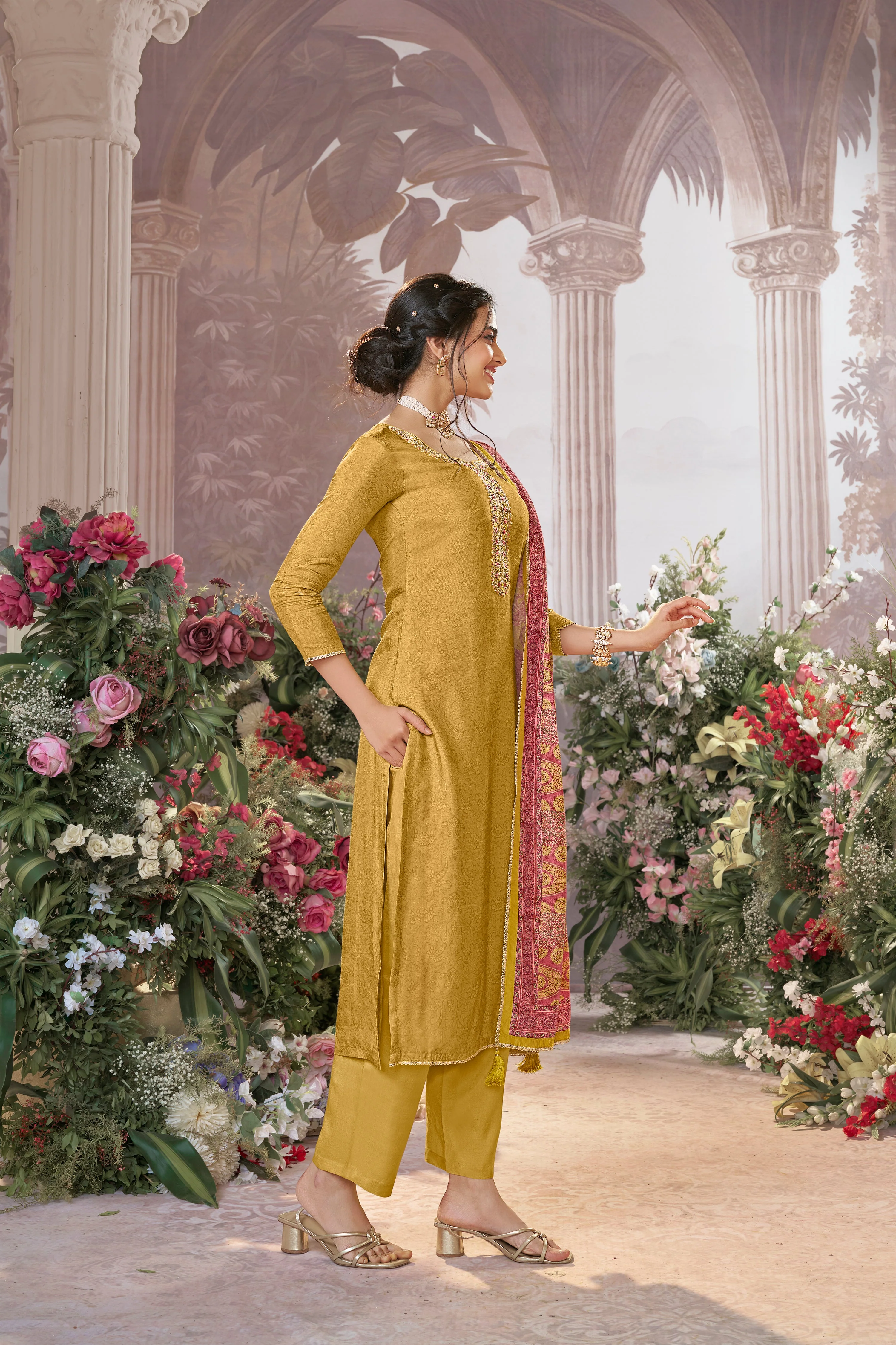 Light Yellow Embellished Premium Silk Pant Set - Image 5