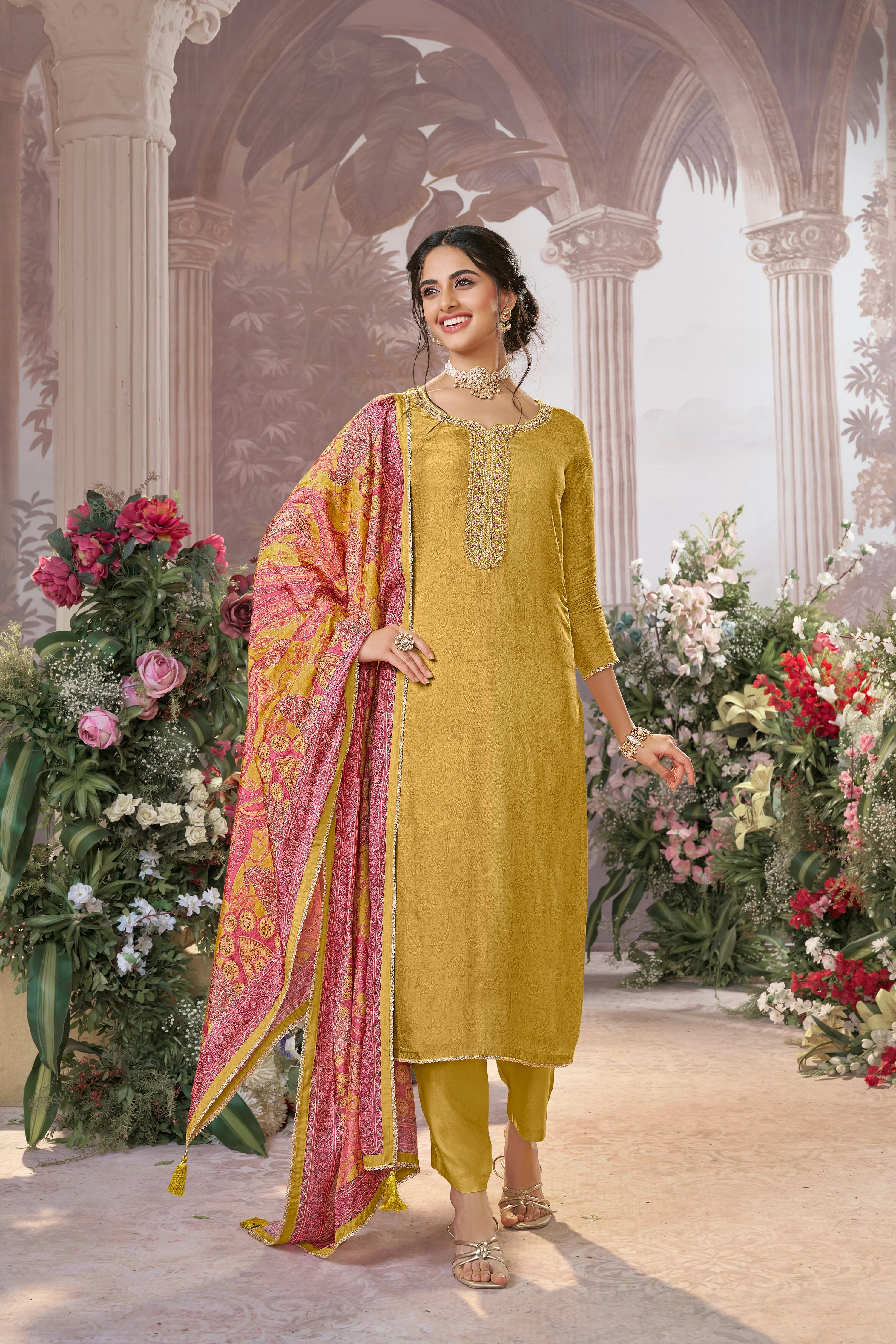 Light Yellow Embellished Premium Silk Pant Set - Image 6