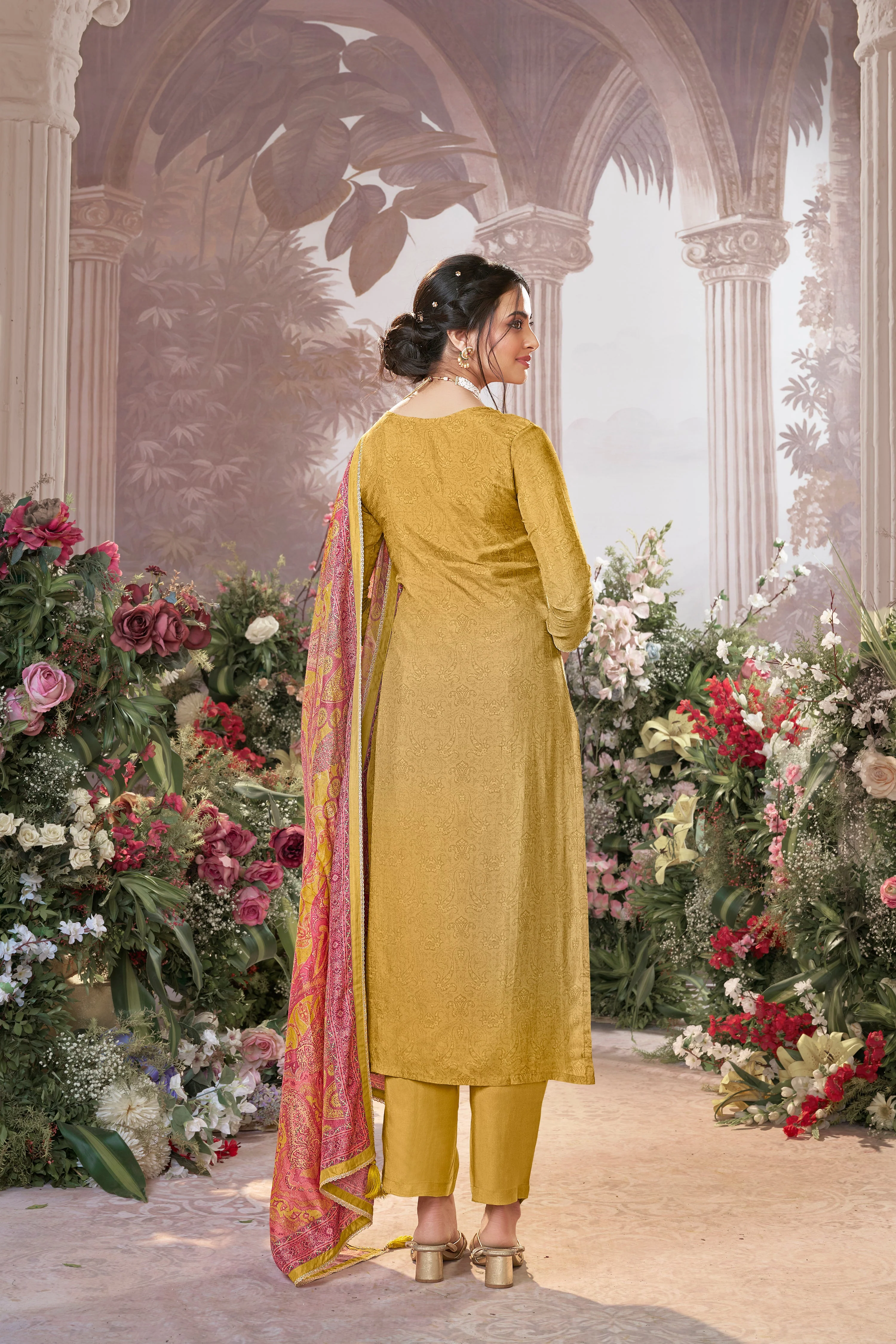 Light Yellow Embellished Premium Silk Pant Set - Image 7