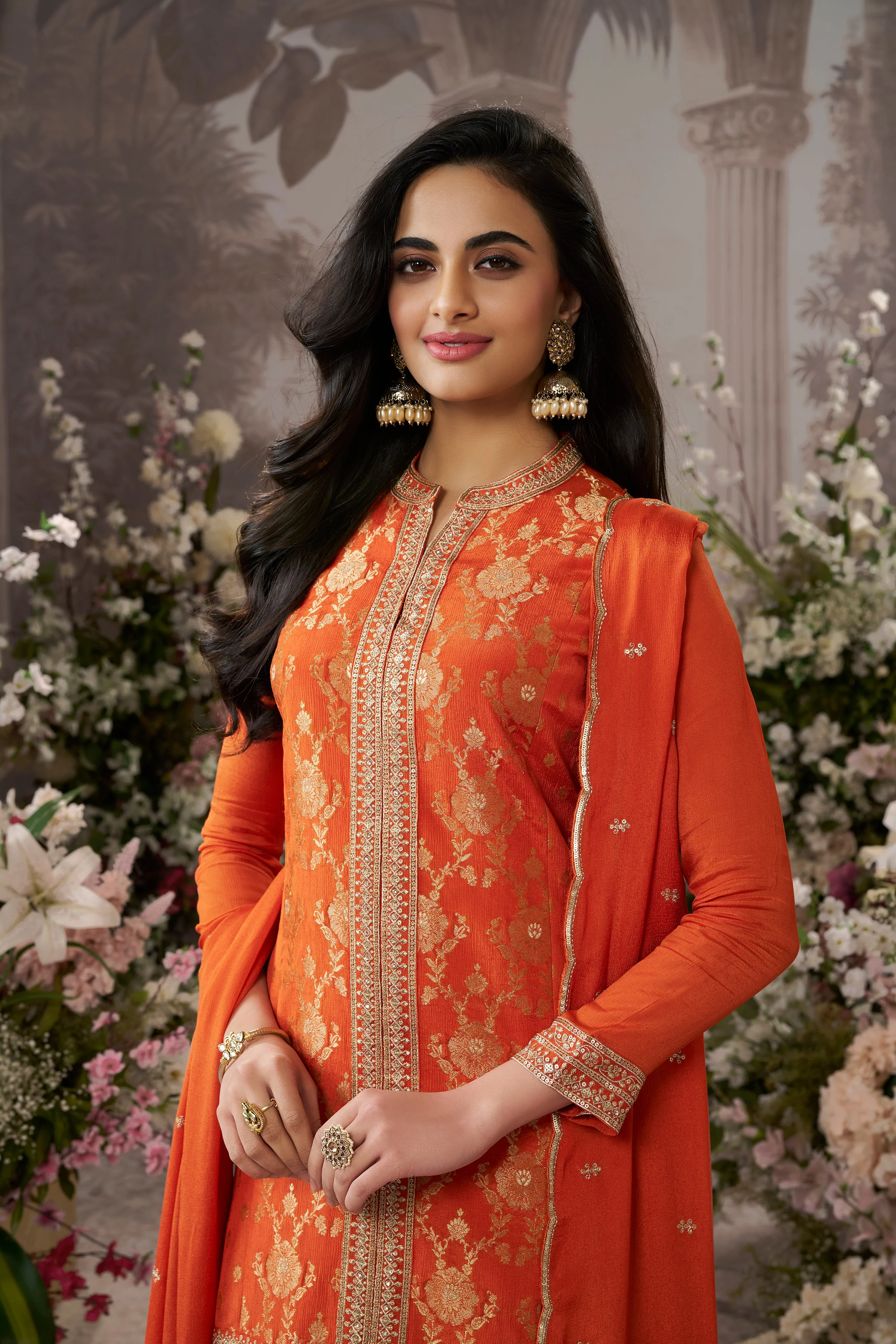 Bright Orange Embellished Premium Silk Palazzo Set - Image 2