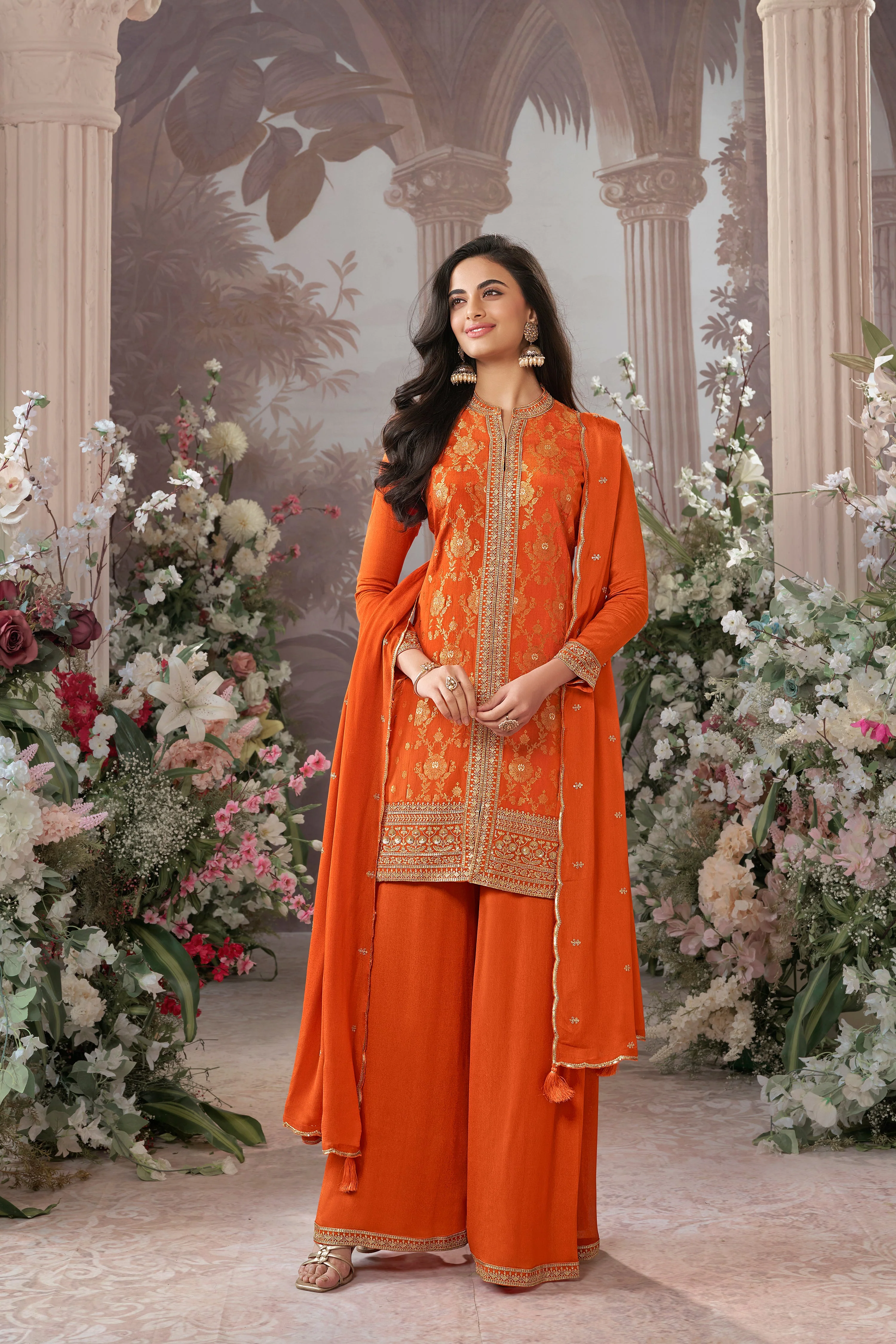 Bright Orange Embellished Premium Silk Palazzo Set - Image 3