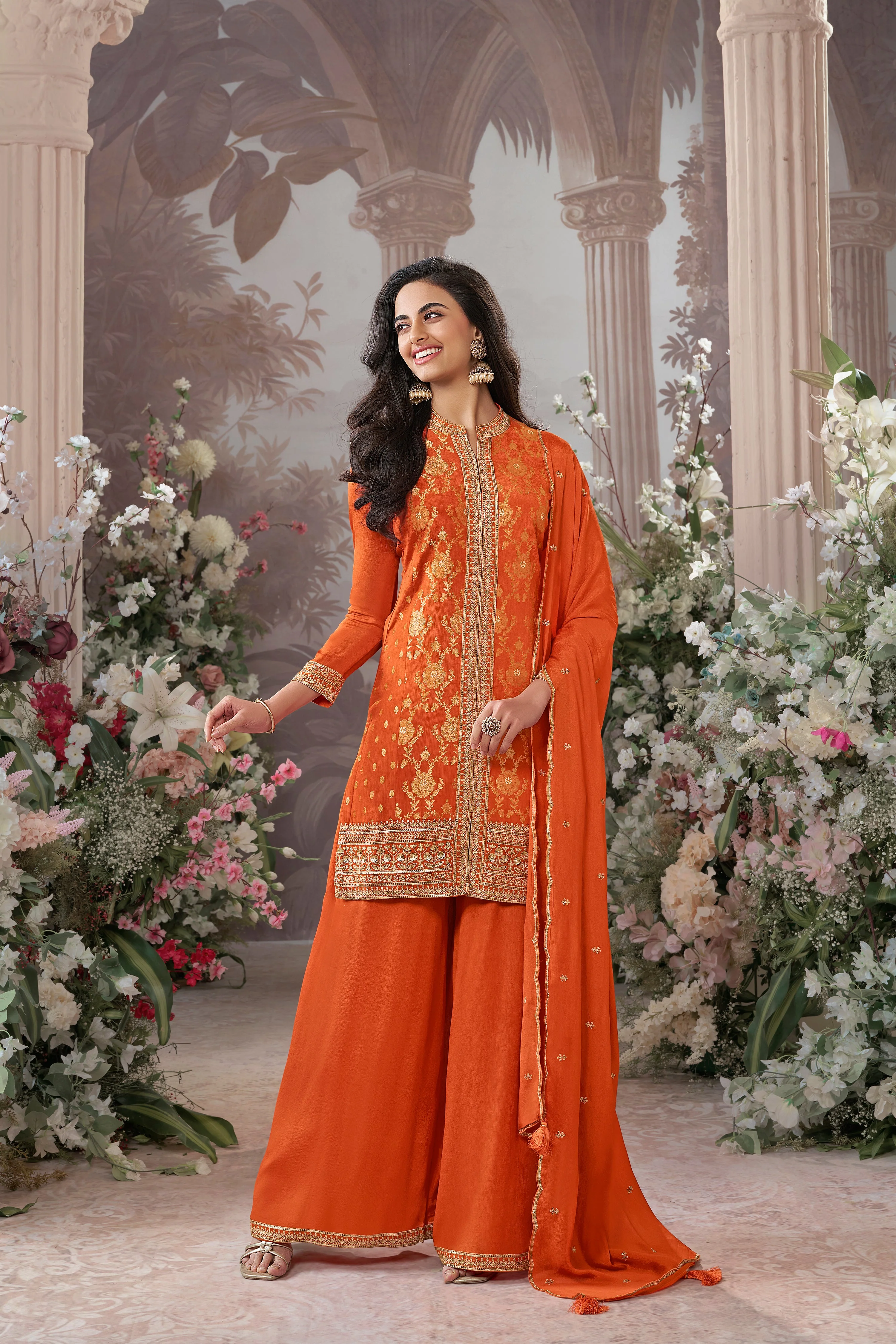 Bright Orange Embellished Premium Silk Palazzo Set - Image 4
