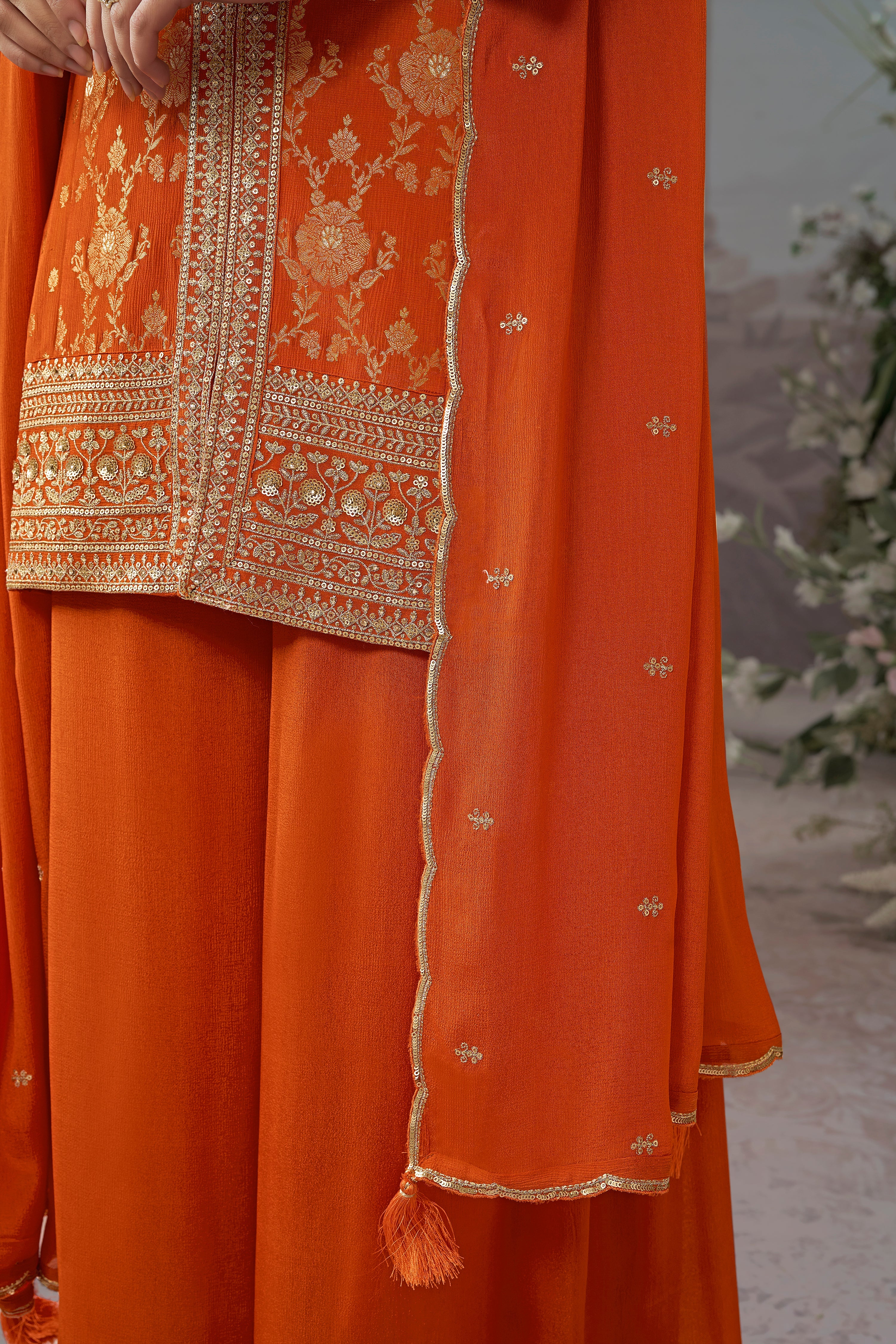 Bright Orange Embellished Premium Silk Palazzo Set - Image 5