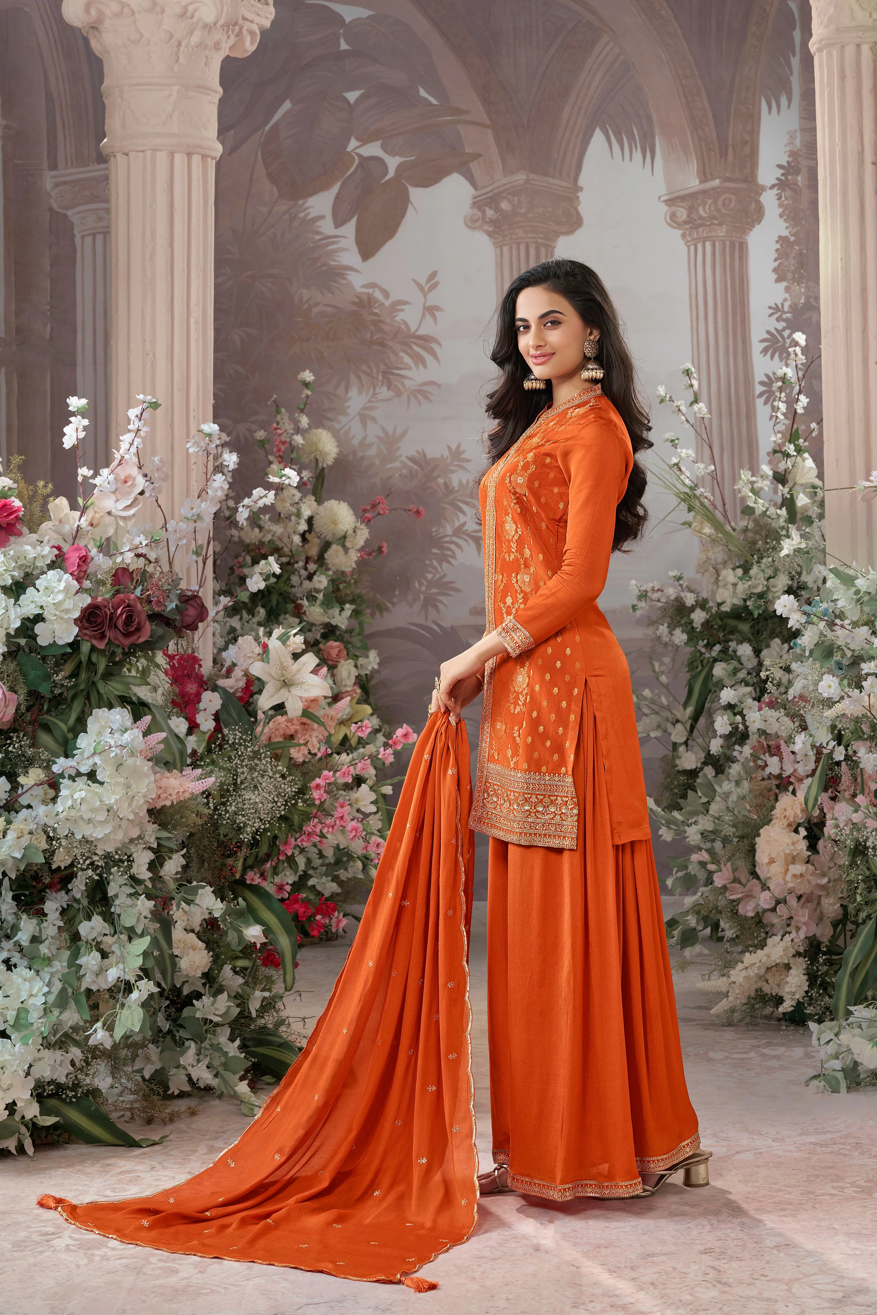 Bright Orange Embellished Premium Silk Palazzo Set - Image 6
