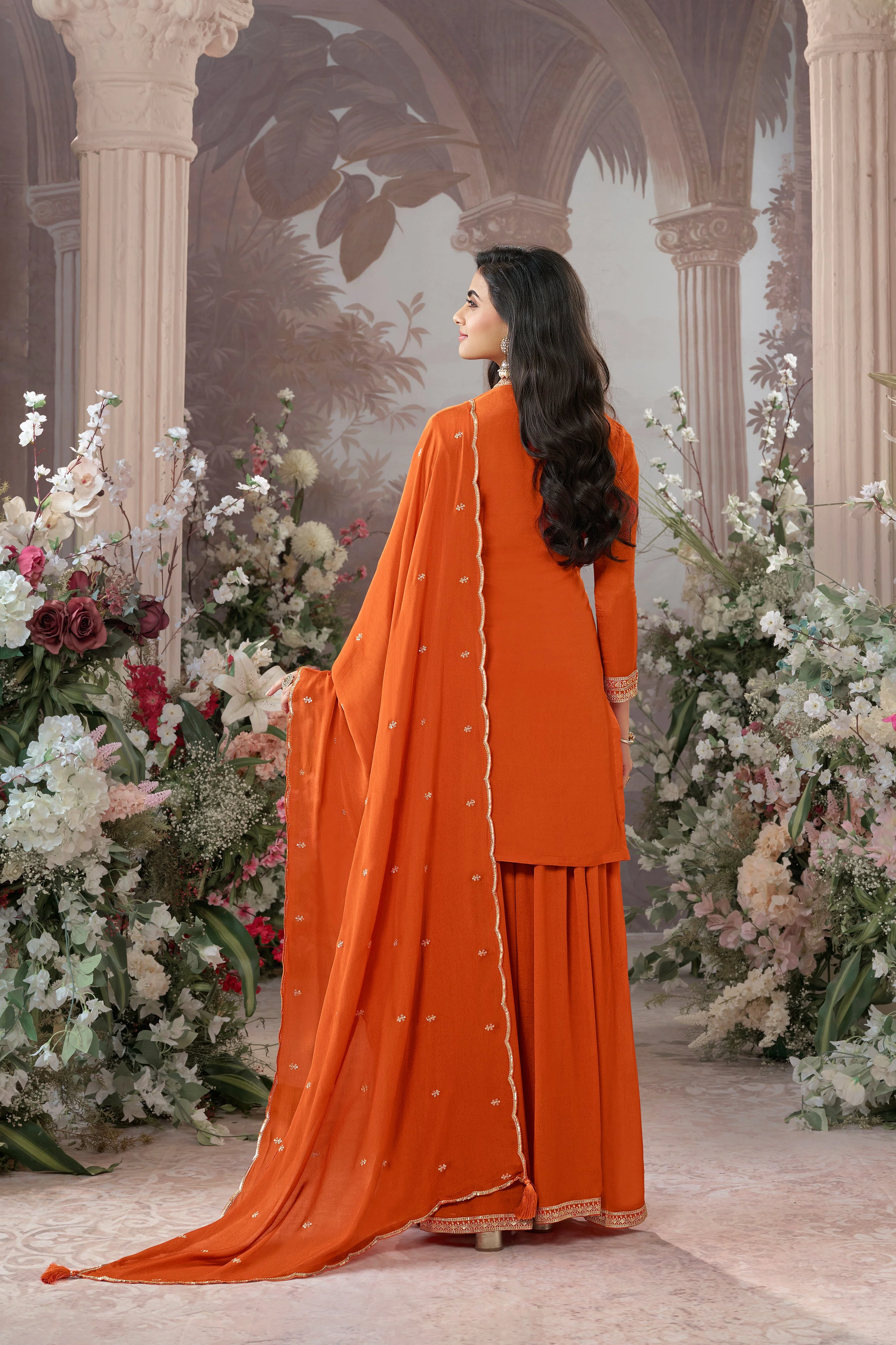 Bright Orange Embellished Premium Silk Palazzo Set - Image 7