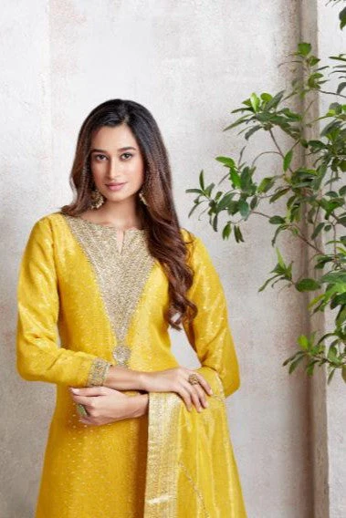 Bright Yellow Embellished Pure Silk Kurta Pant Set - Image 2