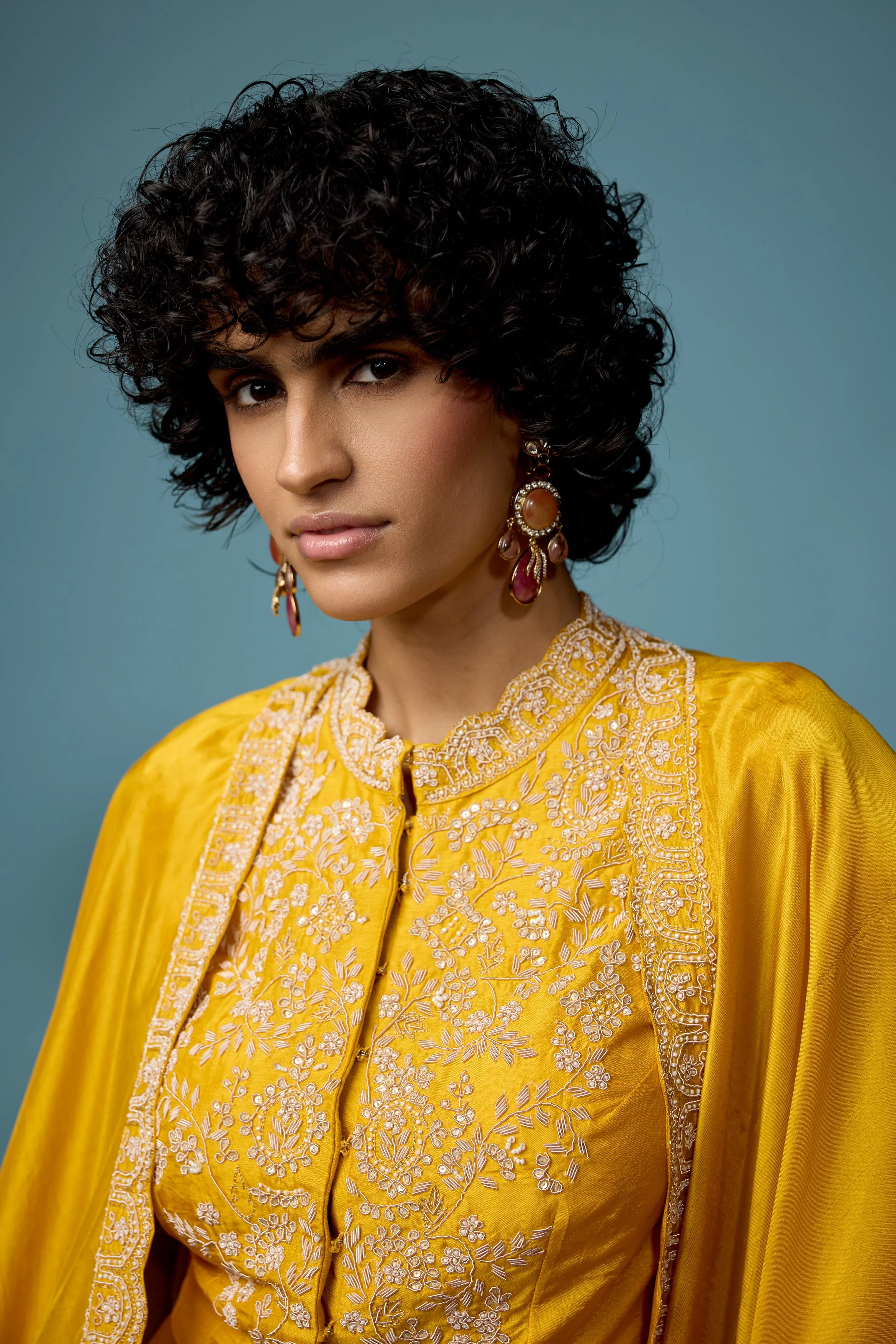 Bright Yellow Embellished Raw Silk Cape Set - Image 2