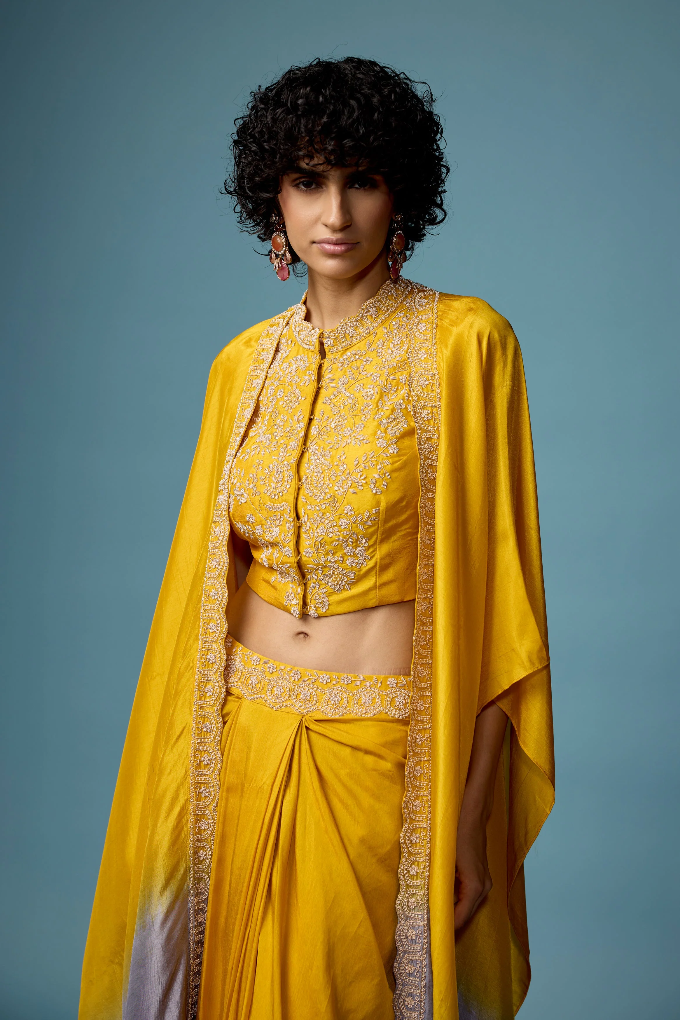 Bright Yellow Embellished Raw Silk Cape Set - Image 3