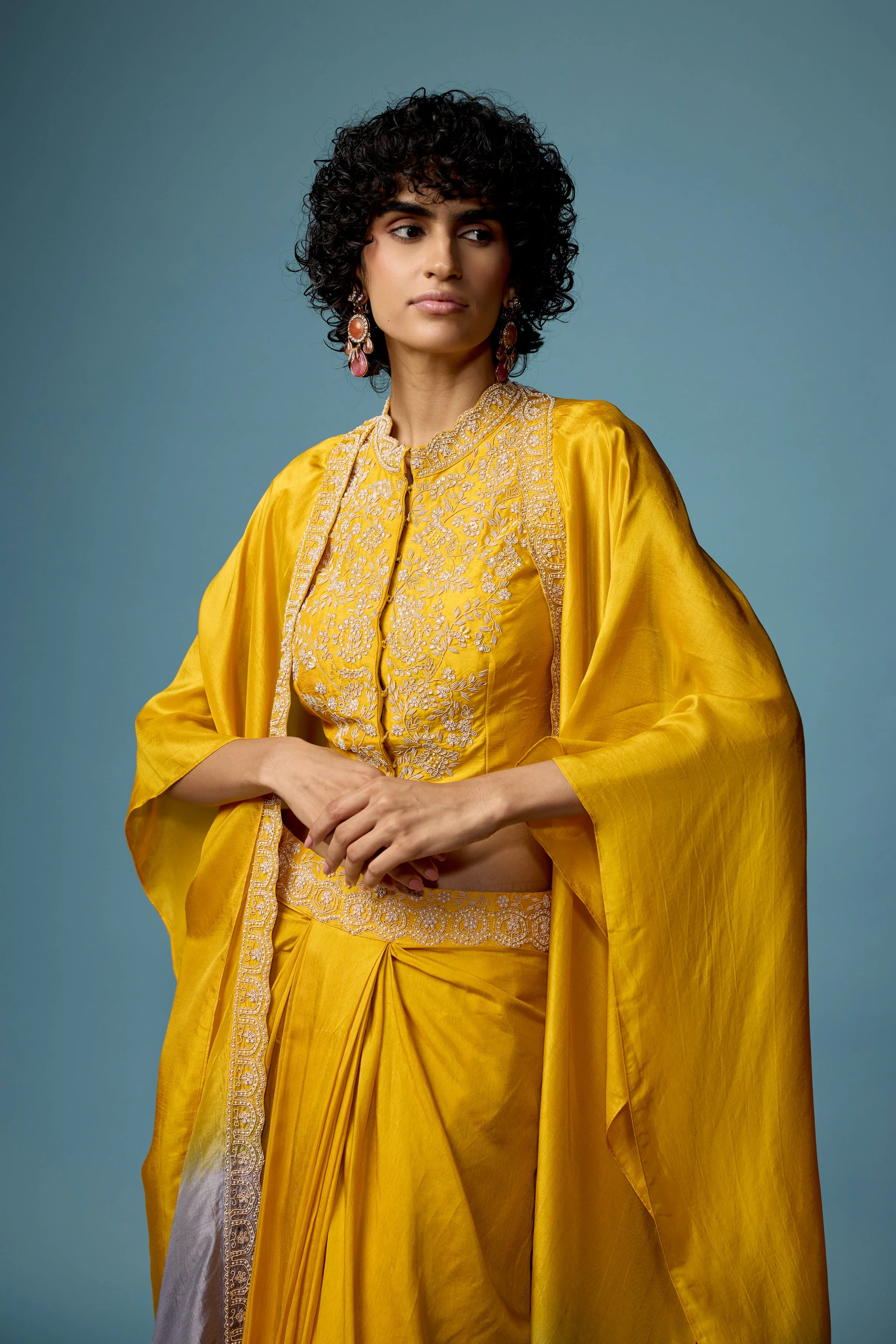 Bright Yellow Embellished Raw Silk Cape Set - Image 4