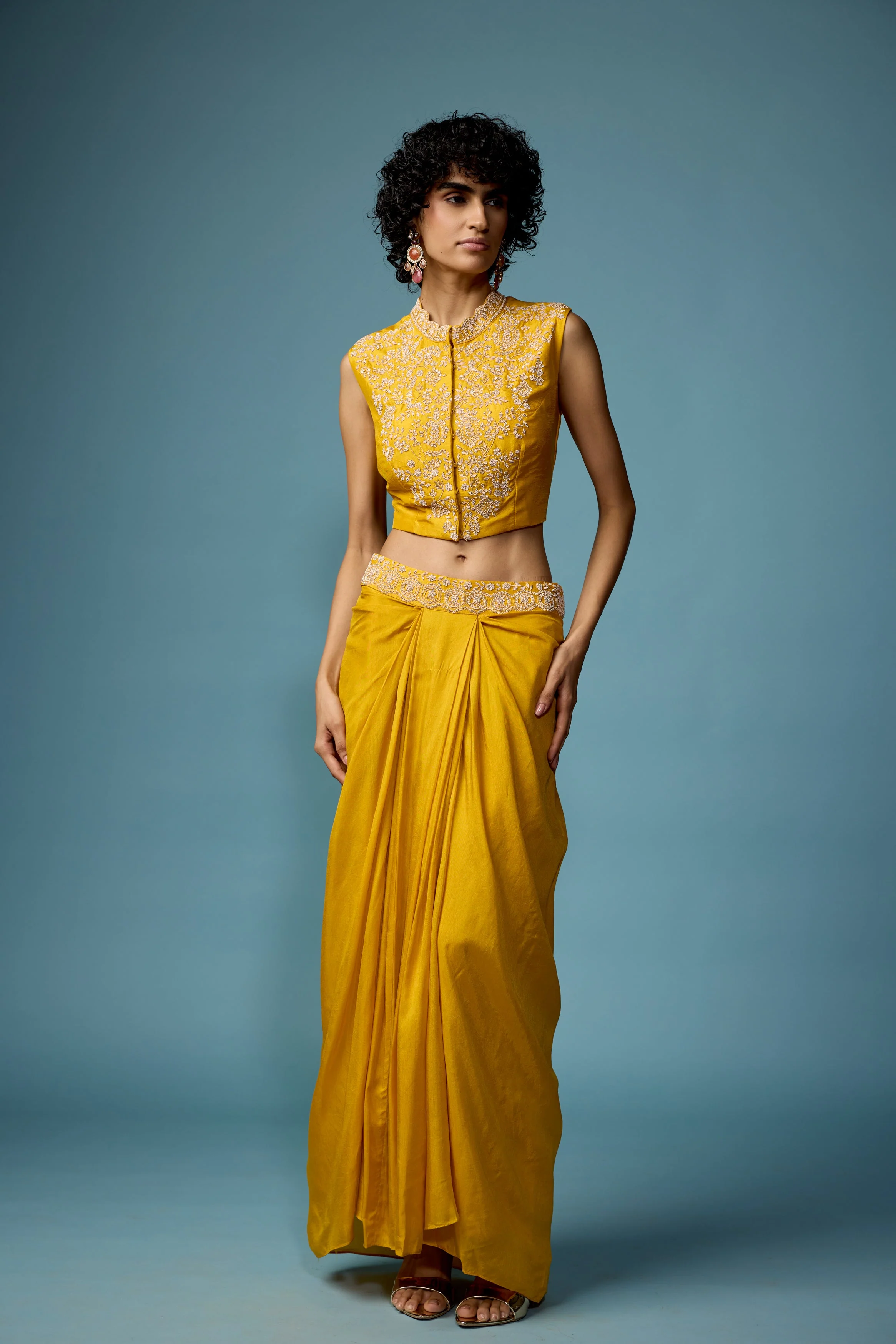 Bright Yellow Embellished Raw Silk Cape Set - Image 5