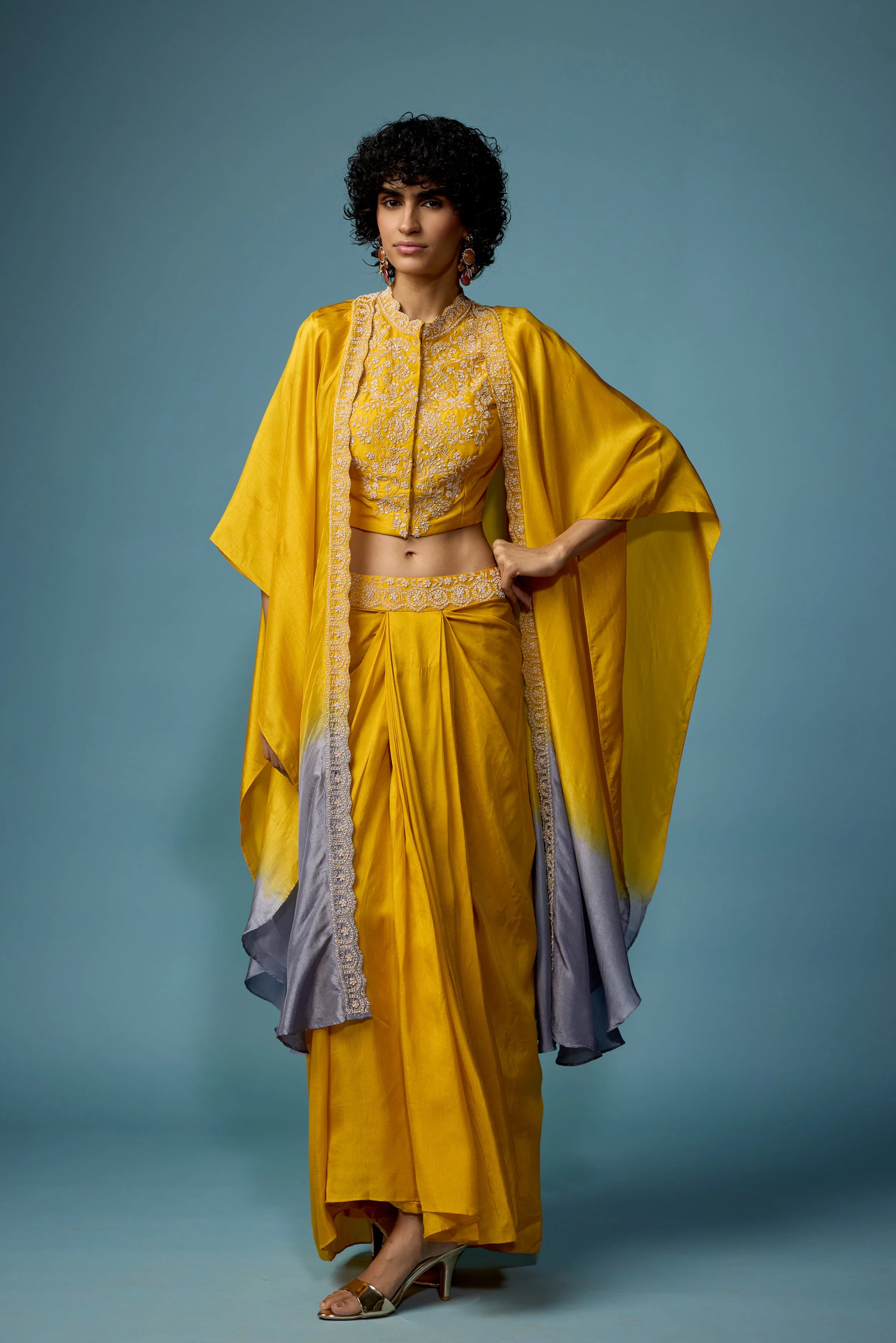 Bright Yellow Embellished Raw Silk Cape Set - Image 6