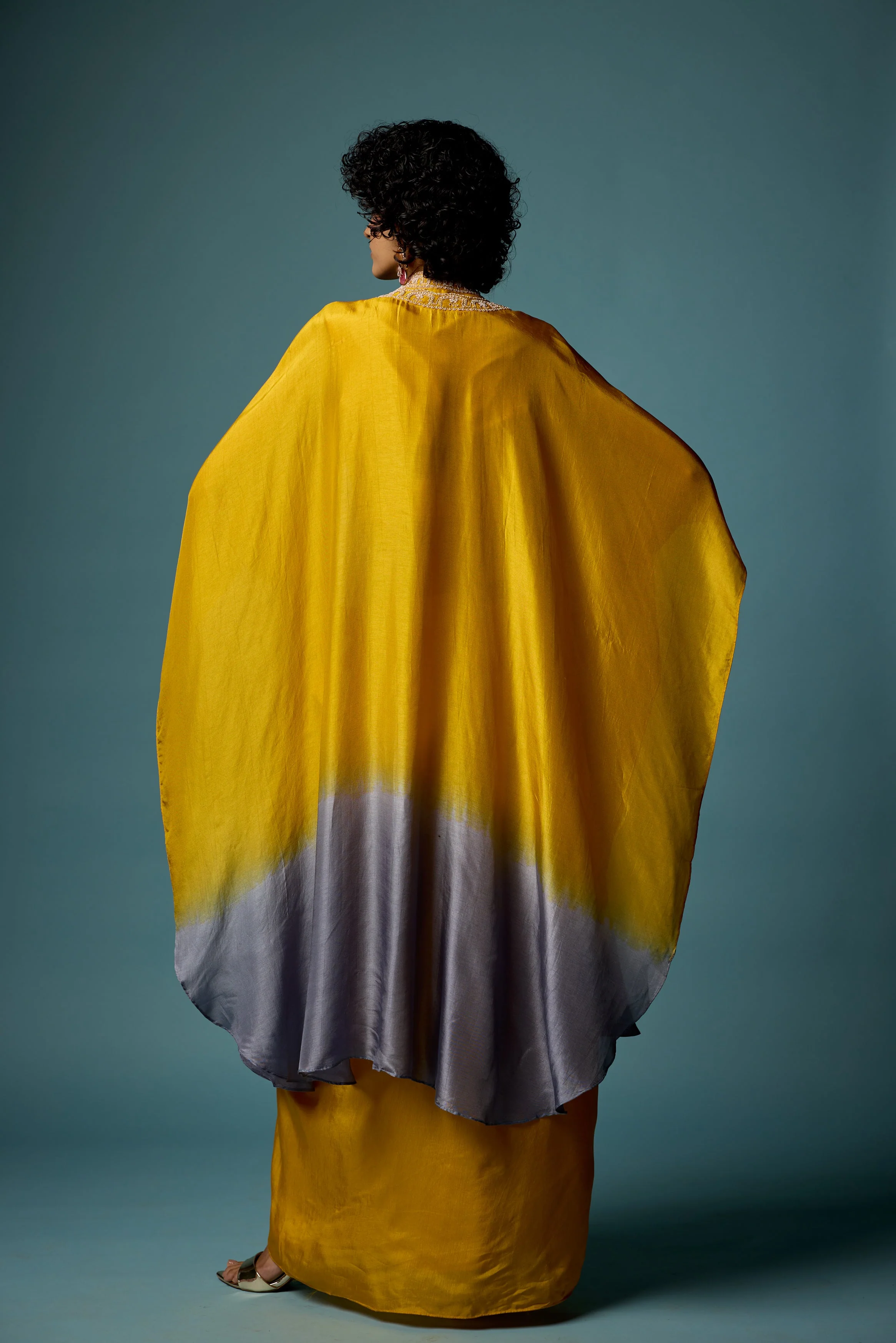 Bright Yellow Embellished Raw Silk Cape Set - Image 7