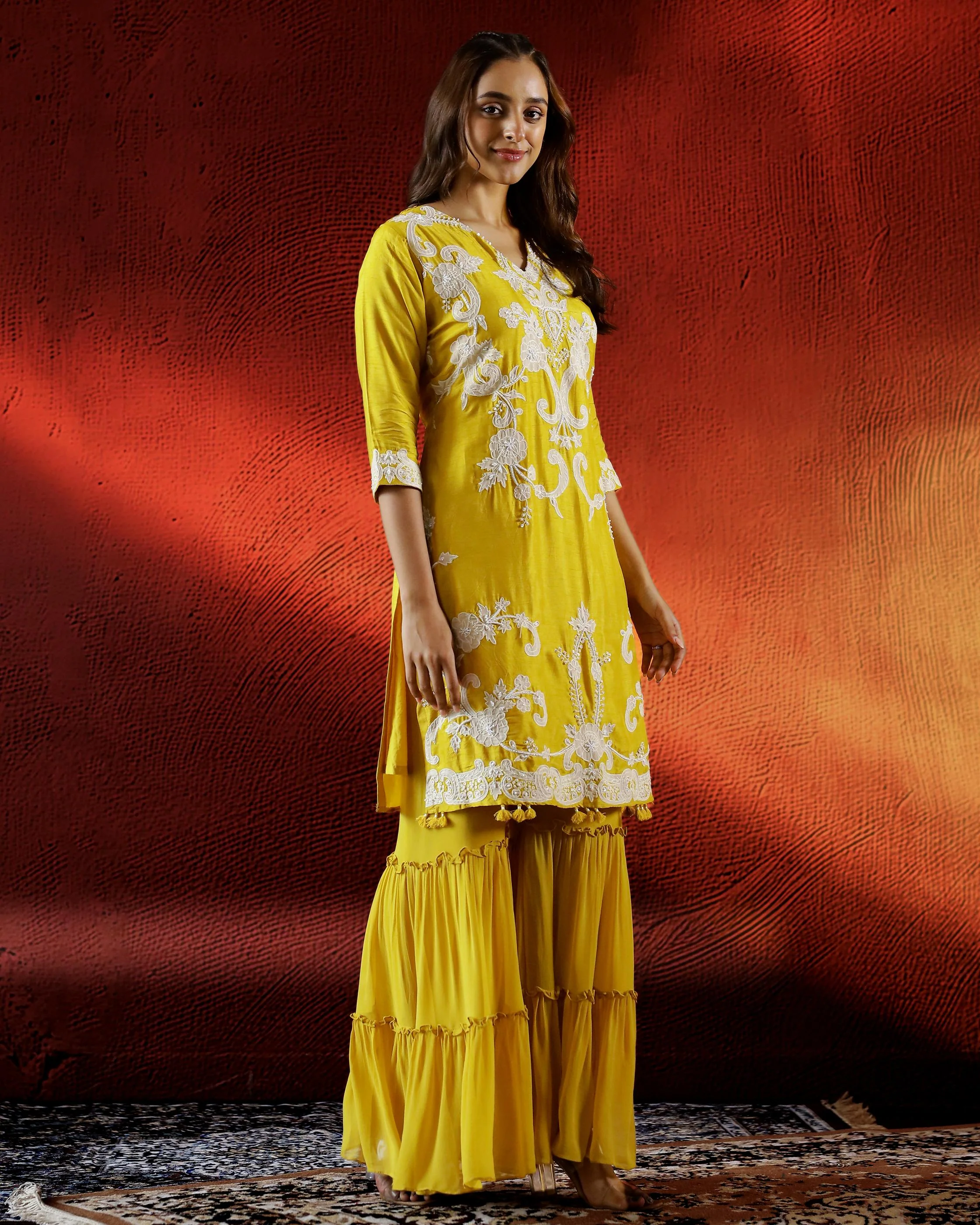 Bright Yellow Embellished Raw Silk Sharara Set - Image 3