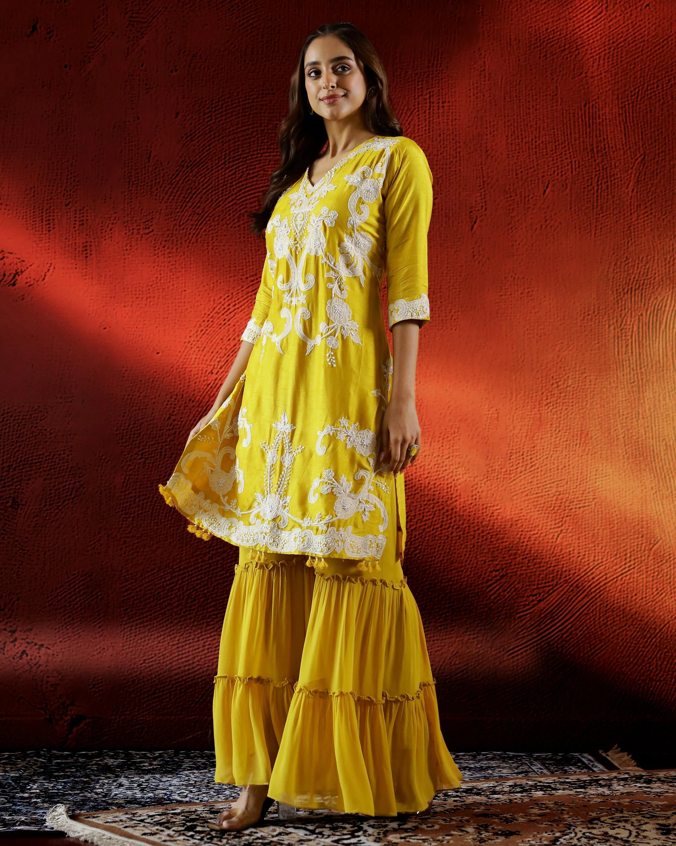 Bright Yellow Embellished Raw Silk Sharara Set - Image 4
