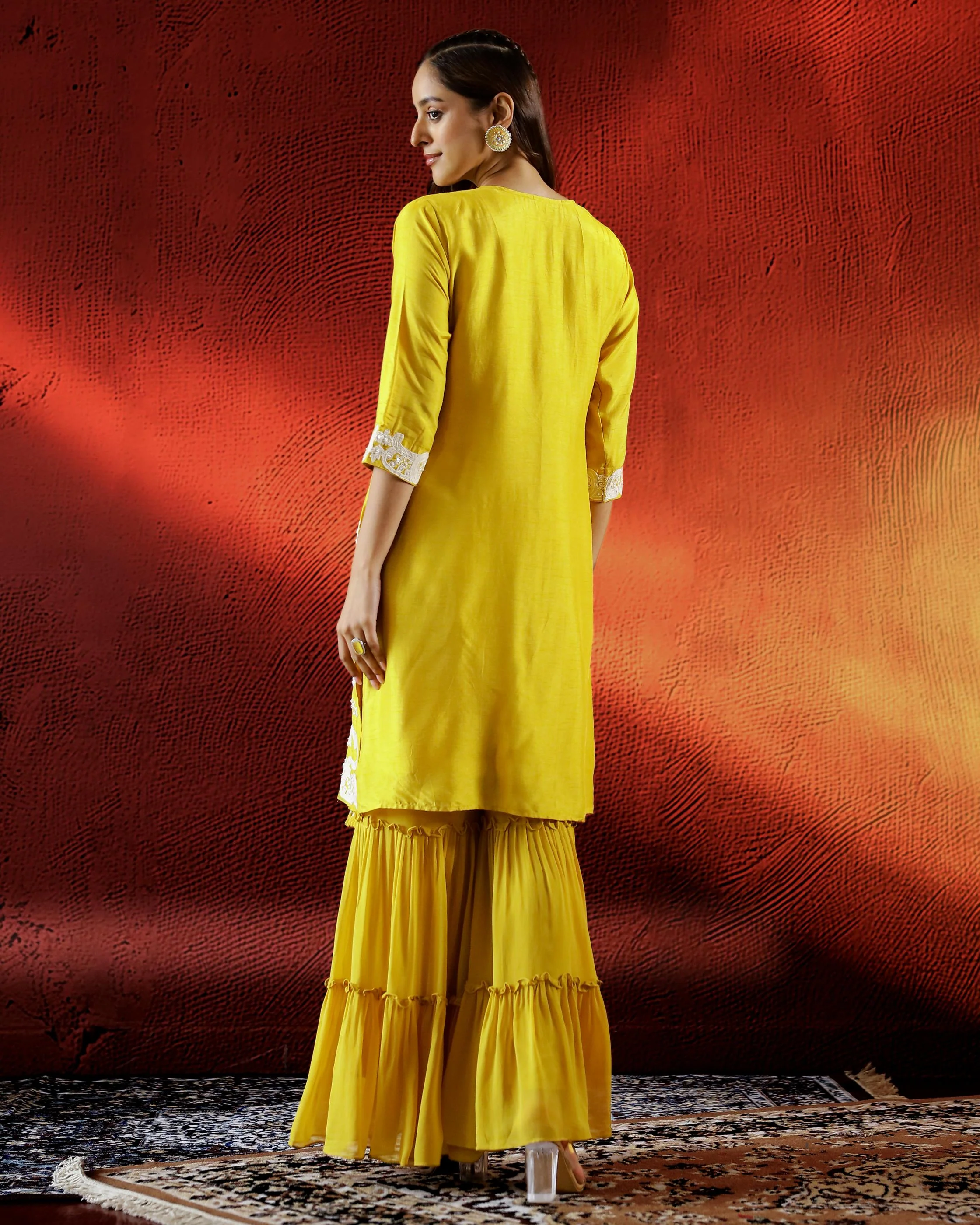 Bright Yellow Embellished Raw Silk Sharara Set - Image 5