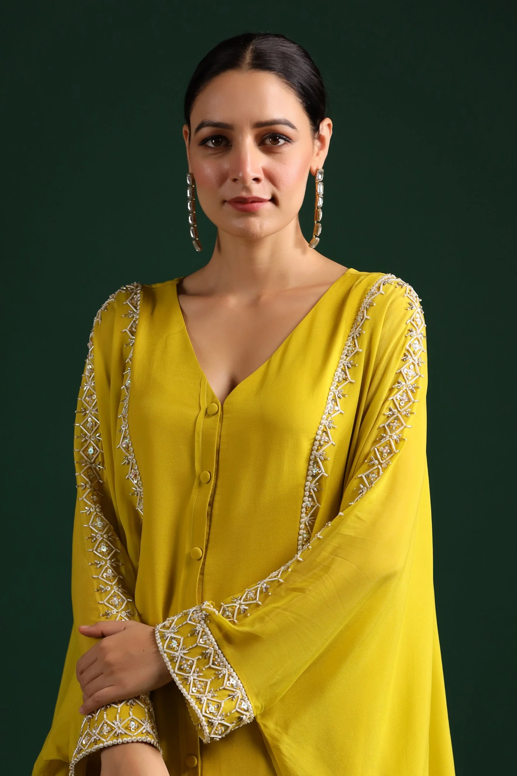 Bright Yellow Embellished Swiss Georgette Cape Co-Ord Set - Image 2