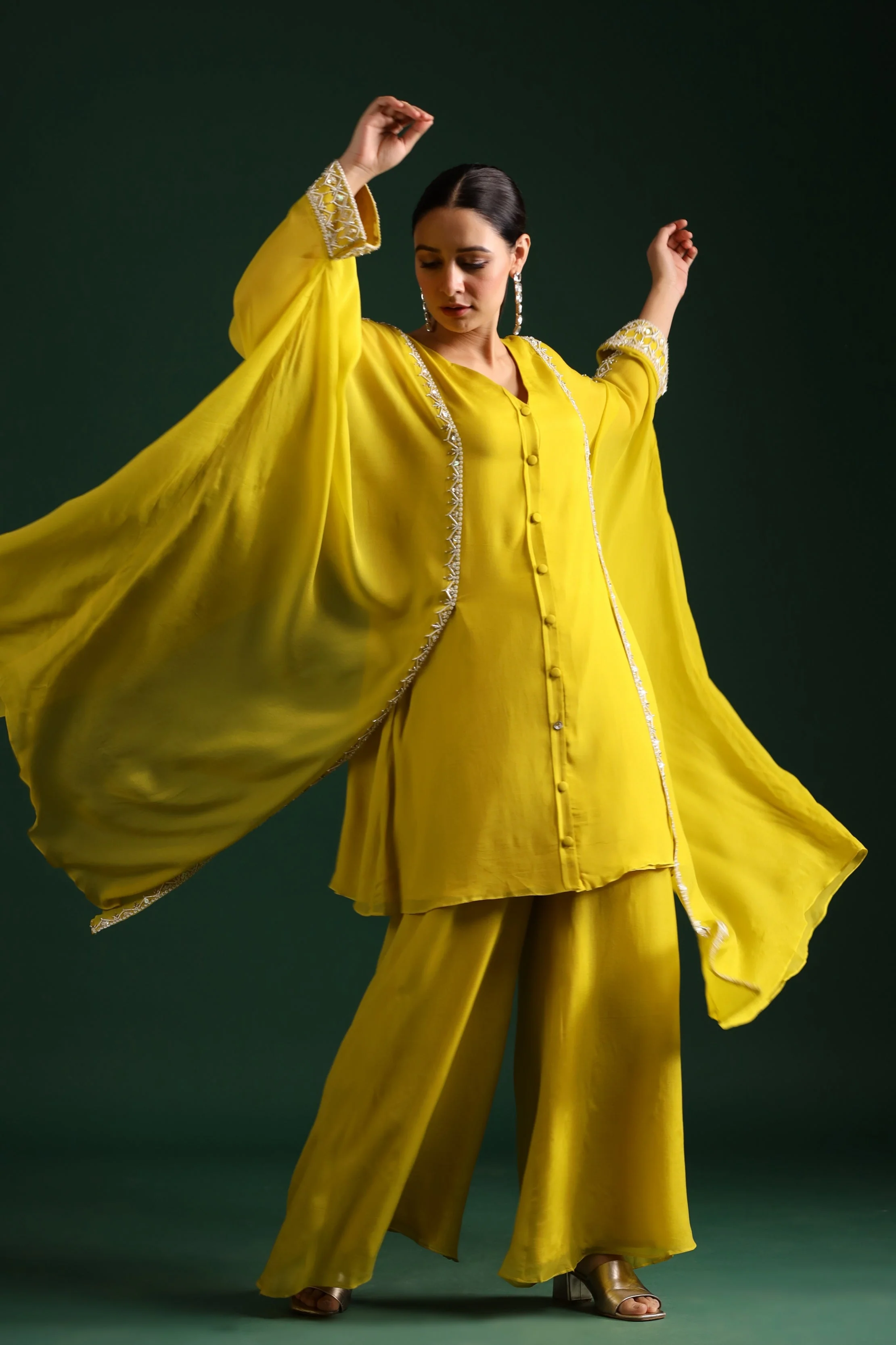 Bright Yellow Embellished Swiss Georgette Cape Co-Ord Set - Image 3