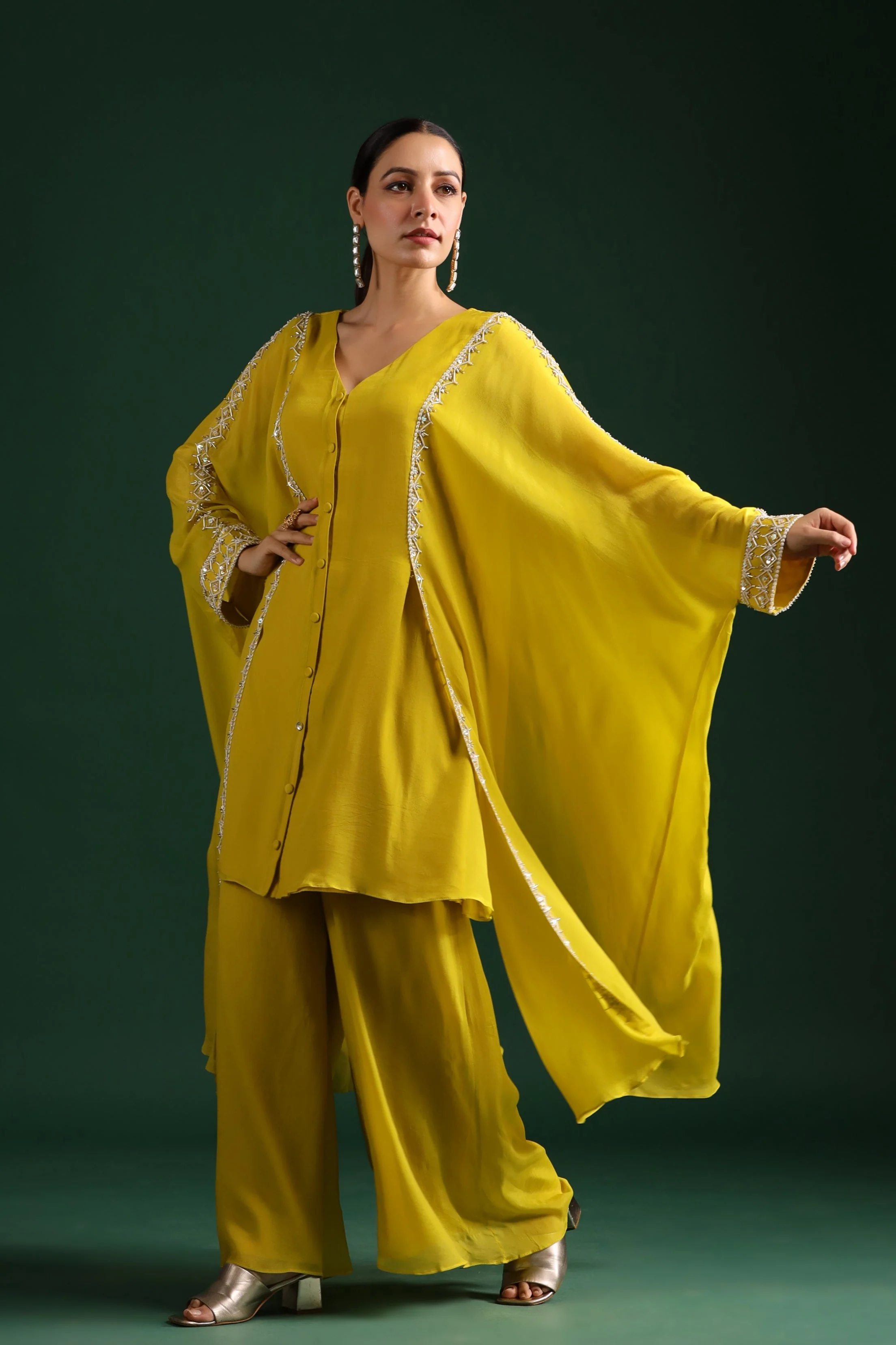 Bright Yellow Embellished Swiss Georgette Cape Co-Ord Set - Image 4