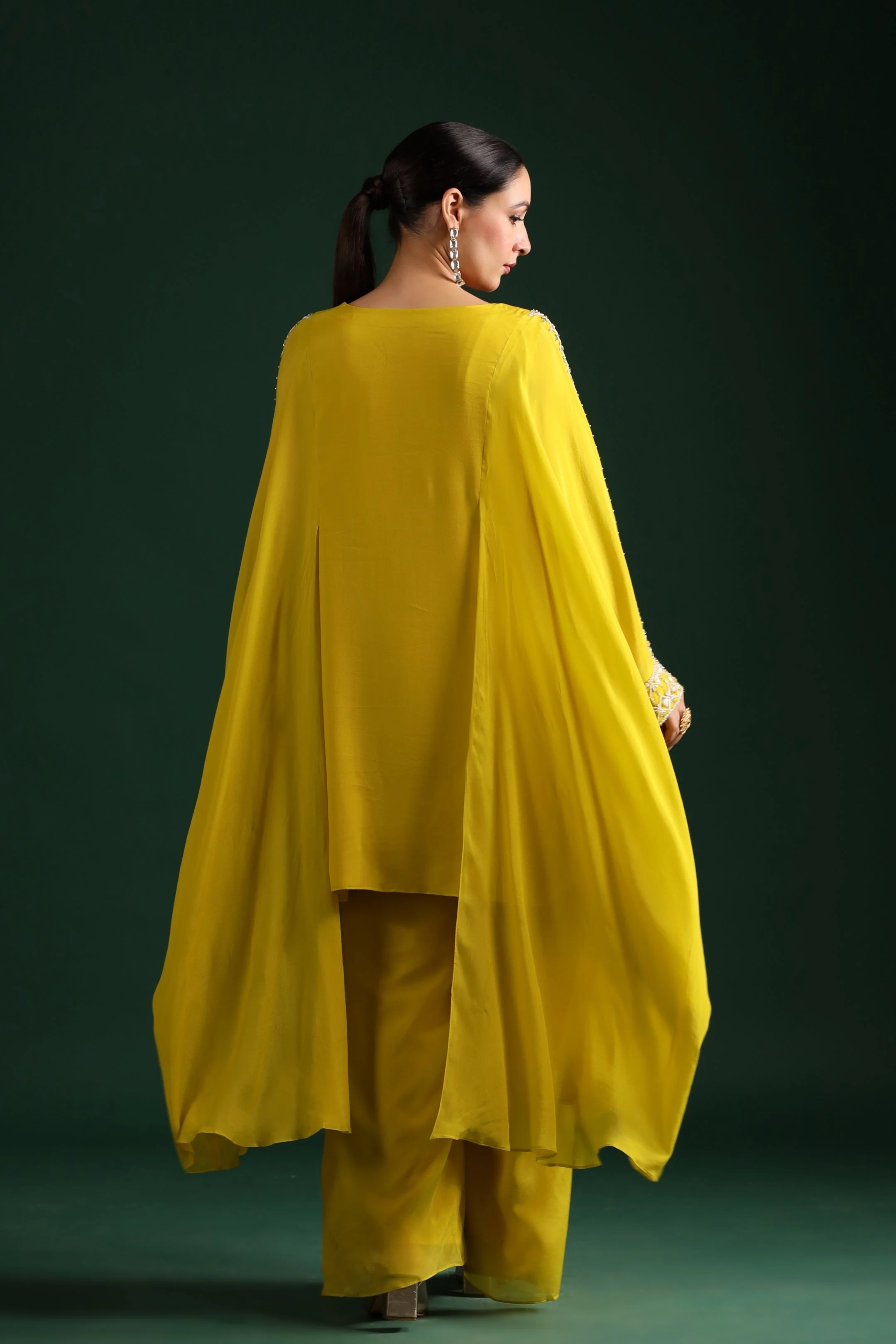 Bright Yellow Embellished Swiss Georgette Cape Co-Ord Set - Image 5