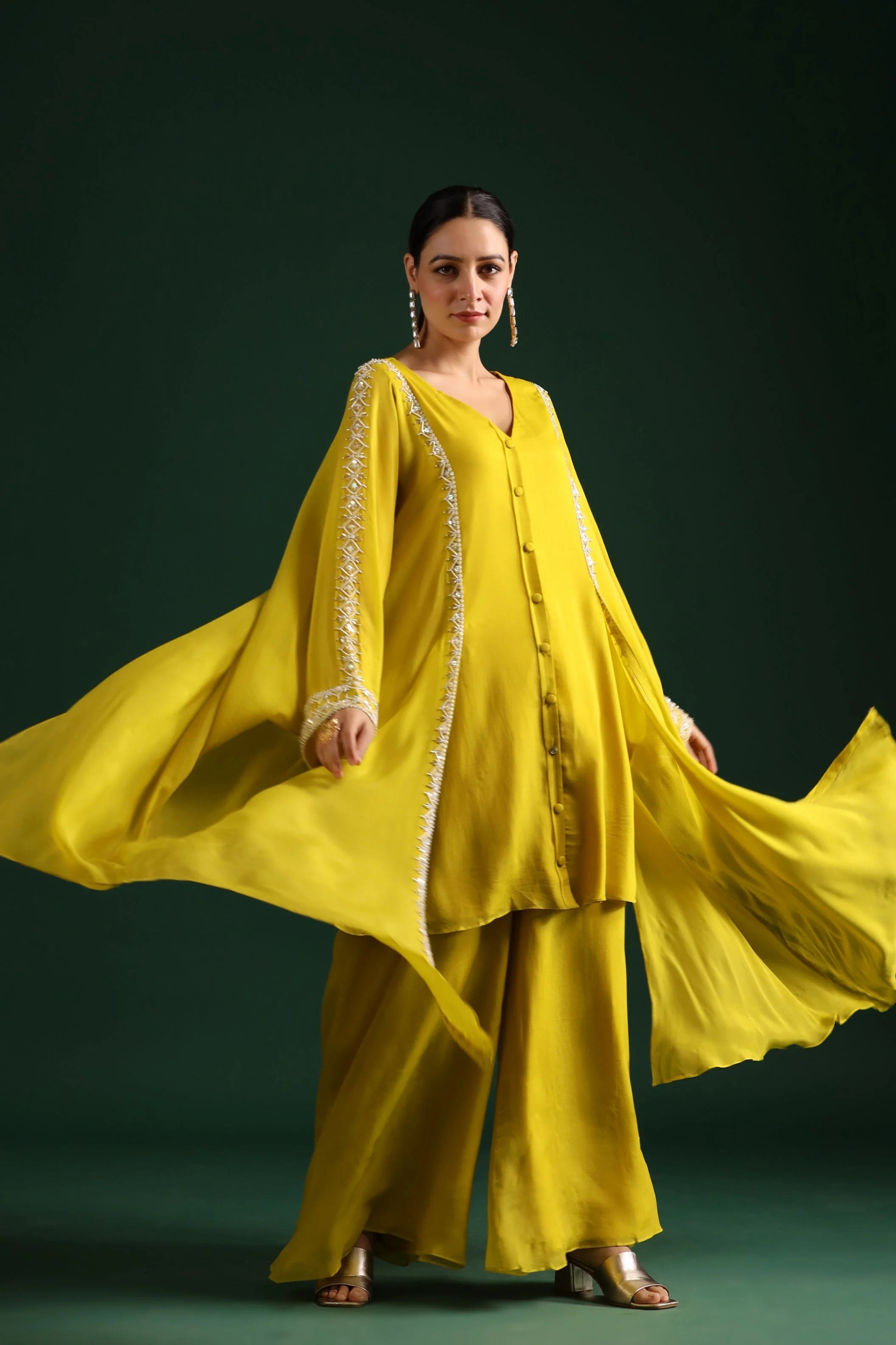 Bright Yellow Embellished Swiss Georgette Cape Co-Ord Set - Image 6