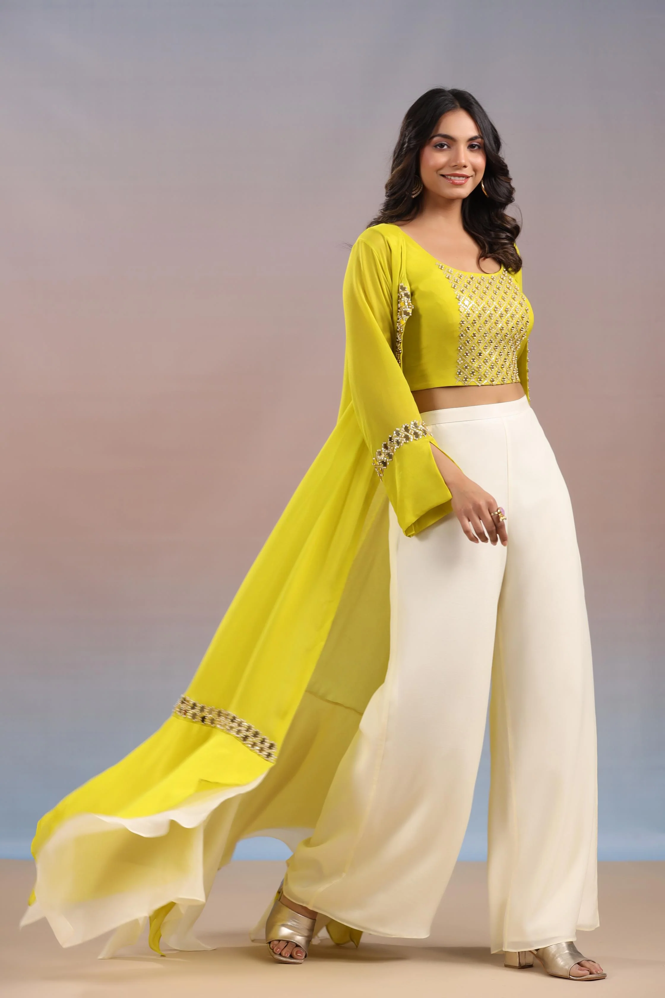 Bright Yellow Embellished Swiss Georgette Silk Cape Set - Image 3