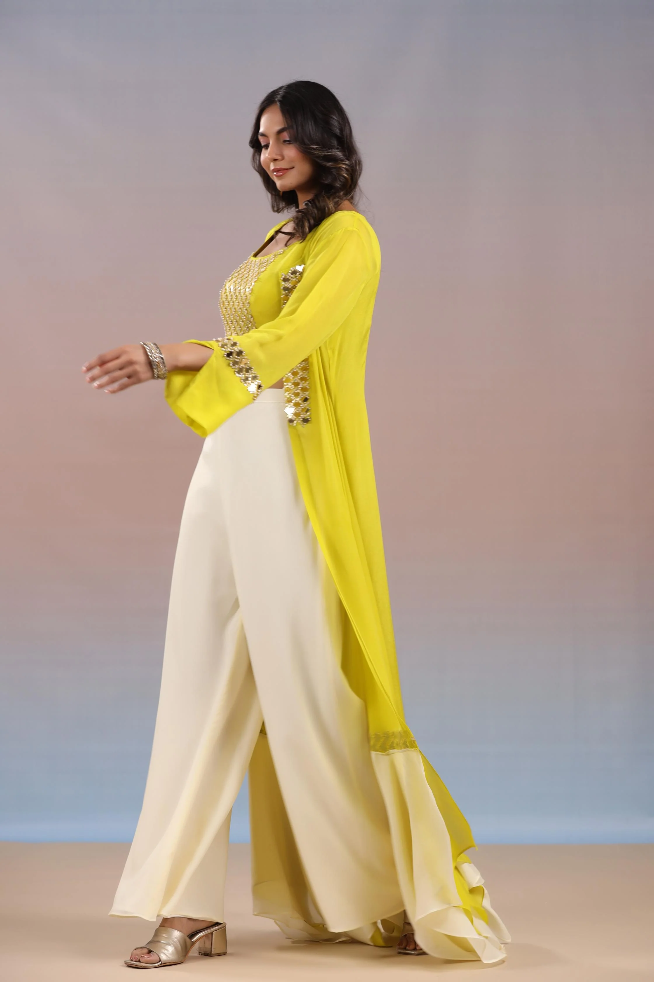 Bright Yellow Embellished Swiss Georgette Silk Cape Set - Image 4
