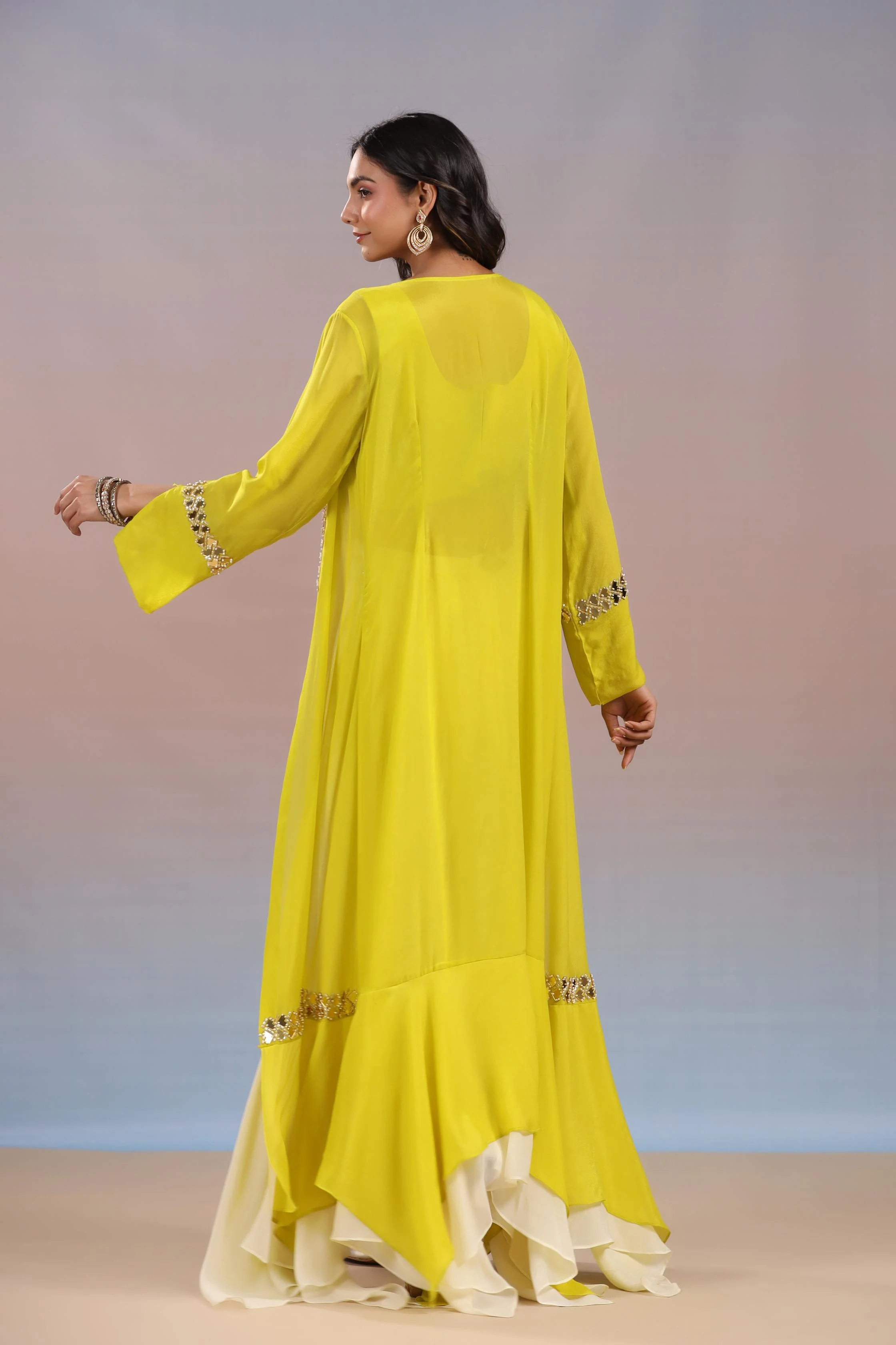 Bright Yellow Embellished Swiss Georgette Silk Cape Set - Image 5