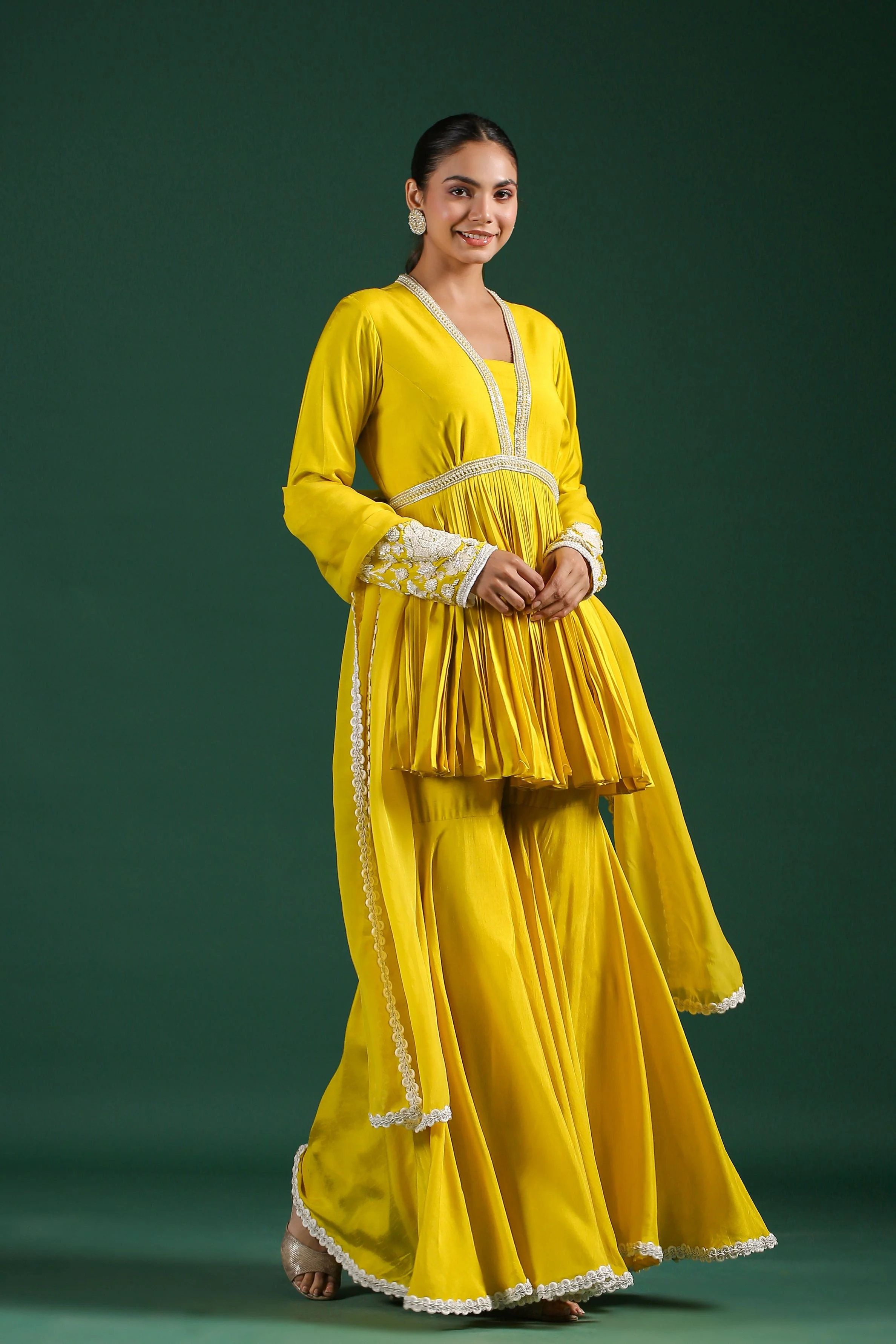 Bright Yellow Embroidered Mulberry Silk Sharara Set - Image 3