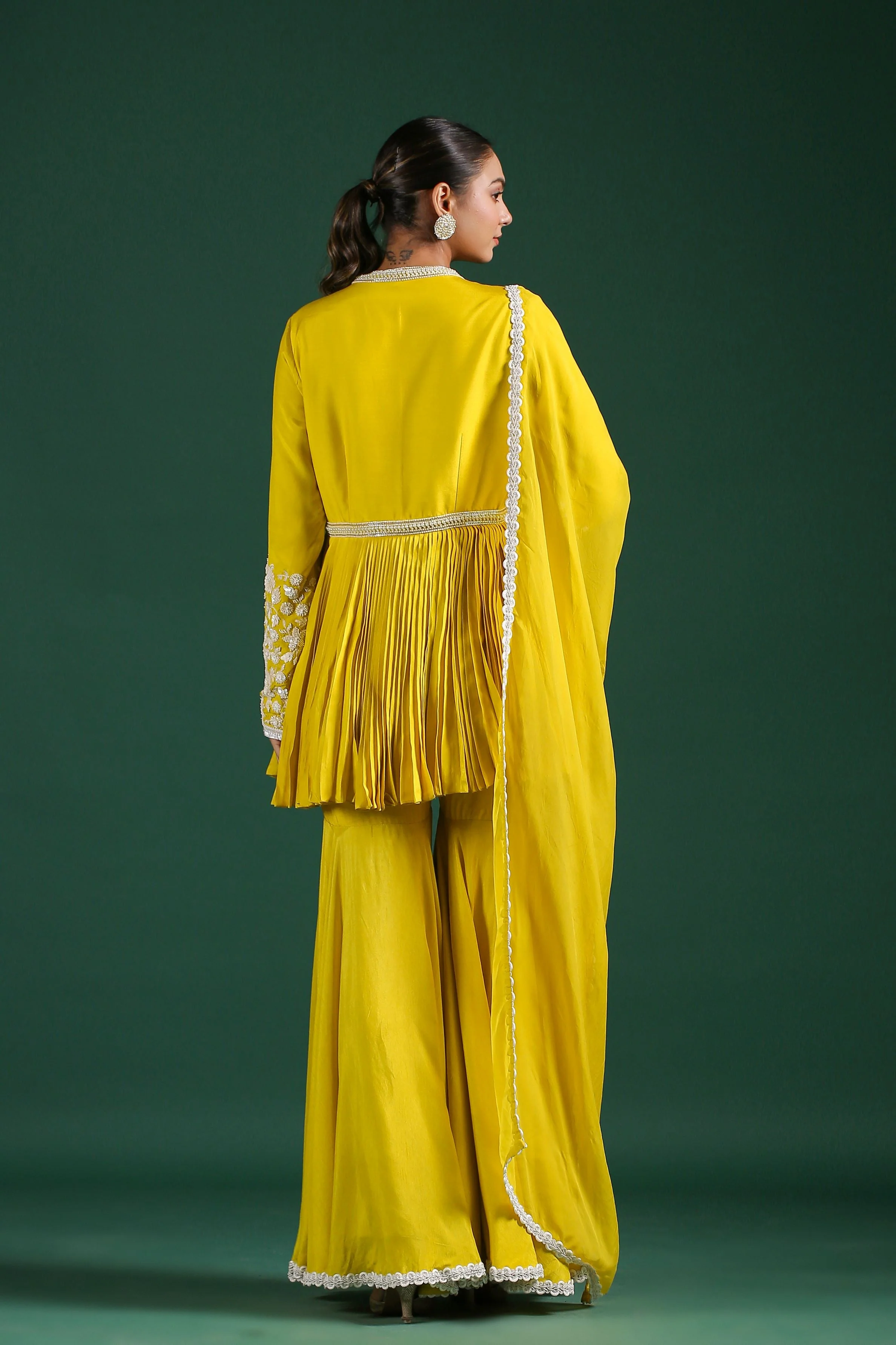 Bright Yellow Embroidered Mulberry Silk Sharara Set - Image 4
