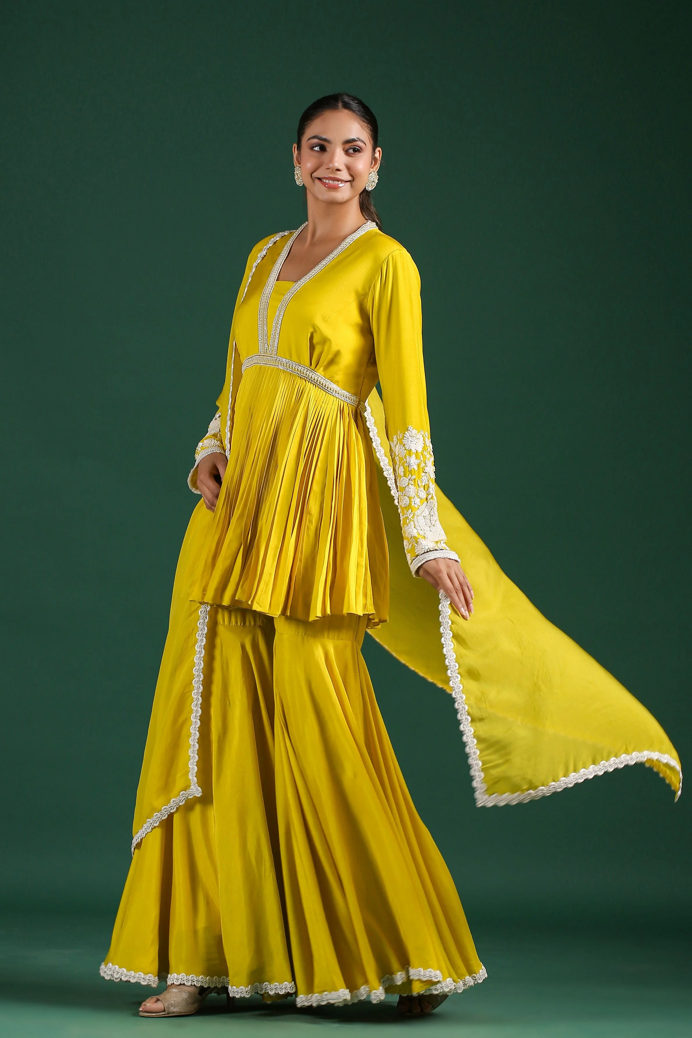 Bright Yellow Embroidered Mulberry Silk Sharara Set - Image 5
