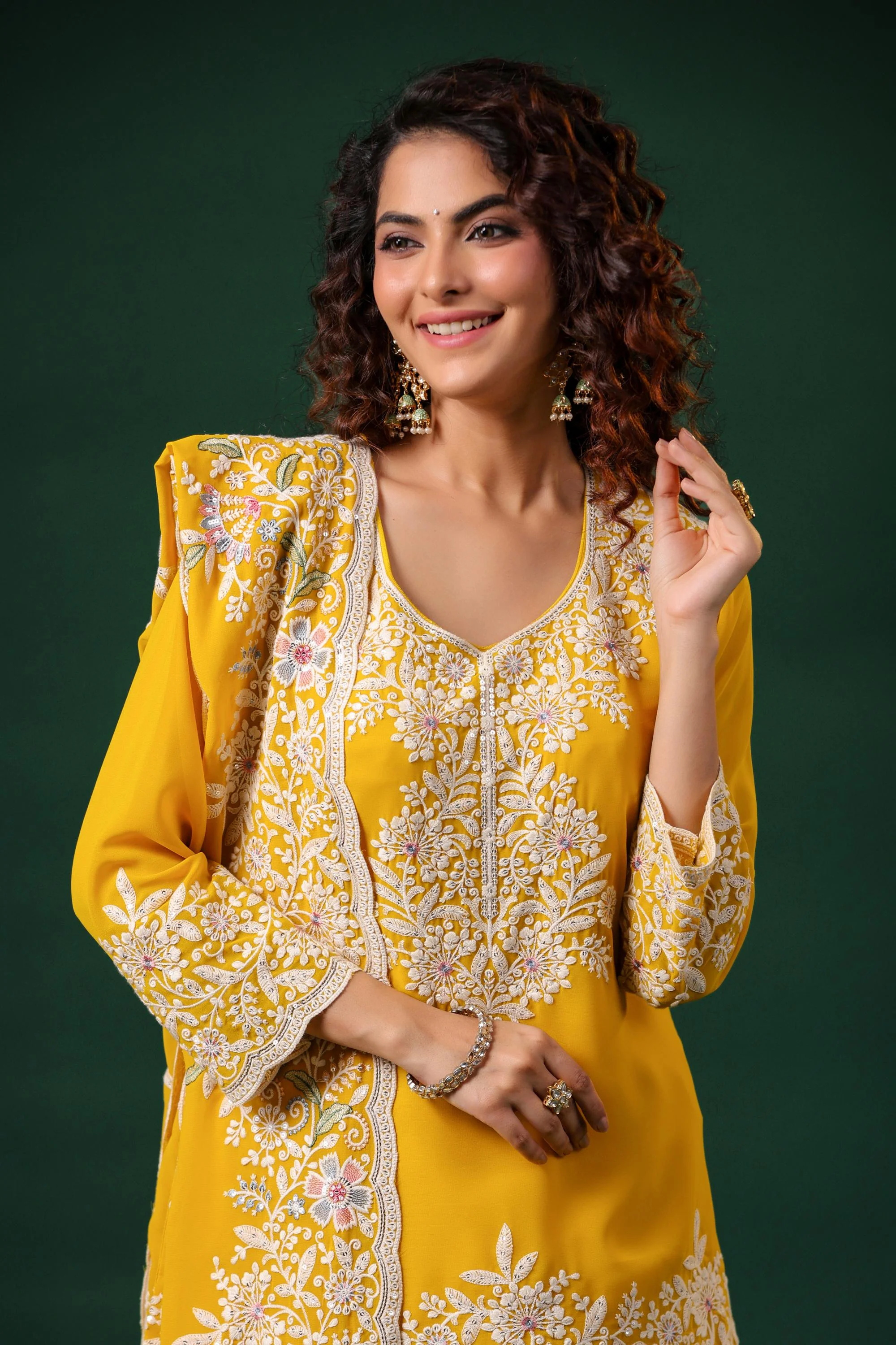 Bright Yellow Embroidered Swiss Georgette Silk Lehenga Set - Image 2